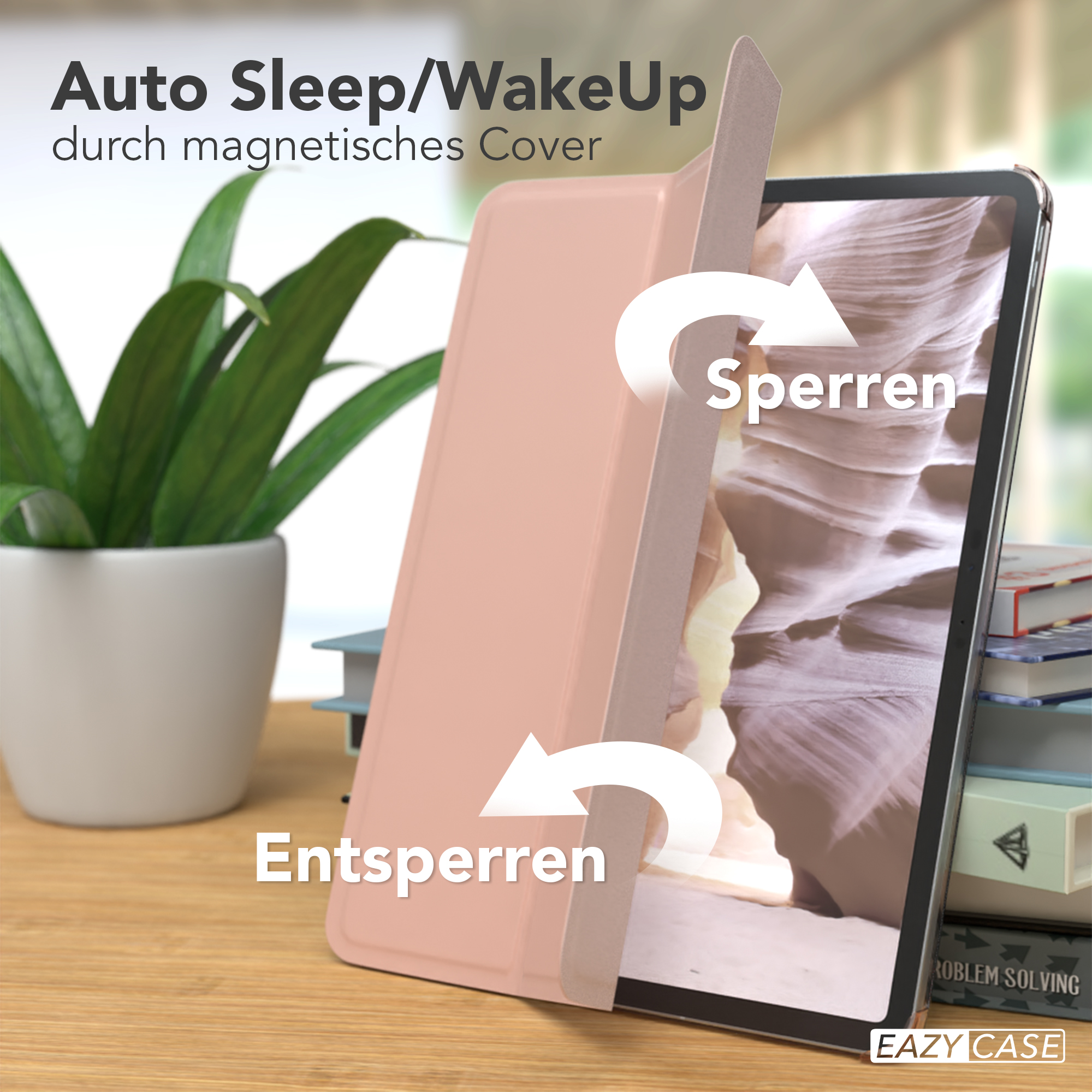 Ein Tablet mit rosa Hülle, zeigt das Öffnen und Schließen des Bildschirms. Text: 'Auto Sleep/WakeUp' und 'Sperren/Entsperren'.