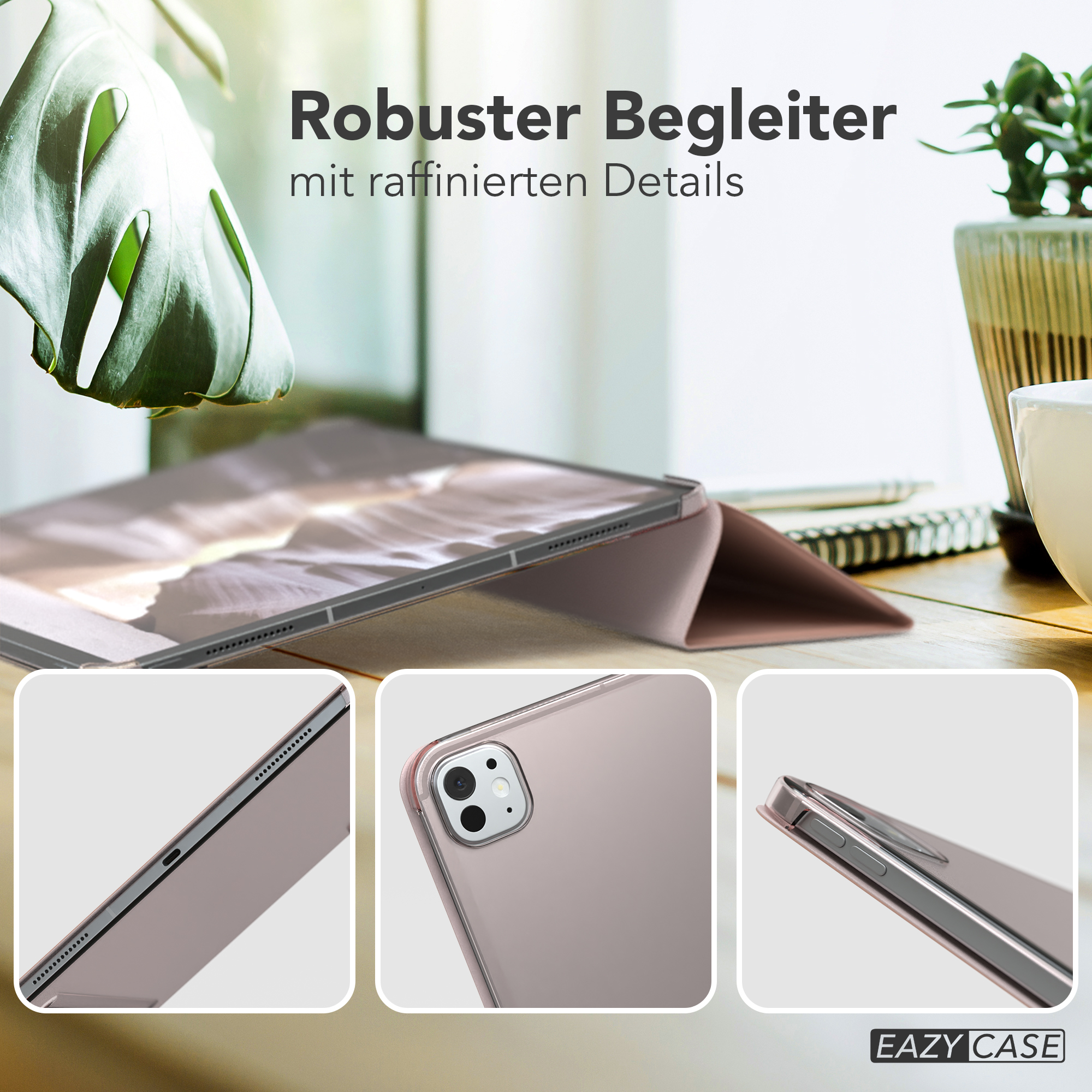 Tablethülle mit Details ihrer Teile und mehreren Aufnahmen, die ihr Design und ihre Funktionen zeigen.