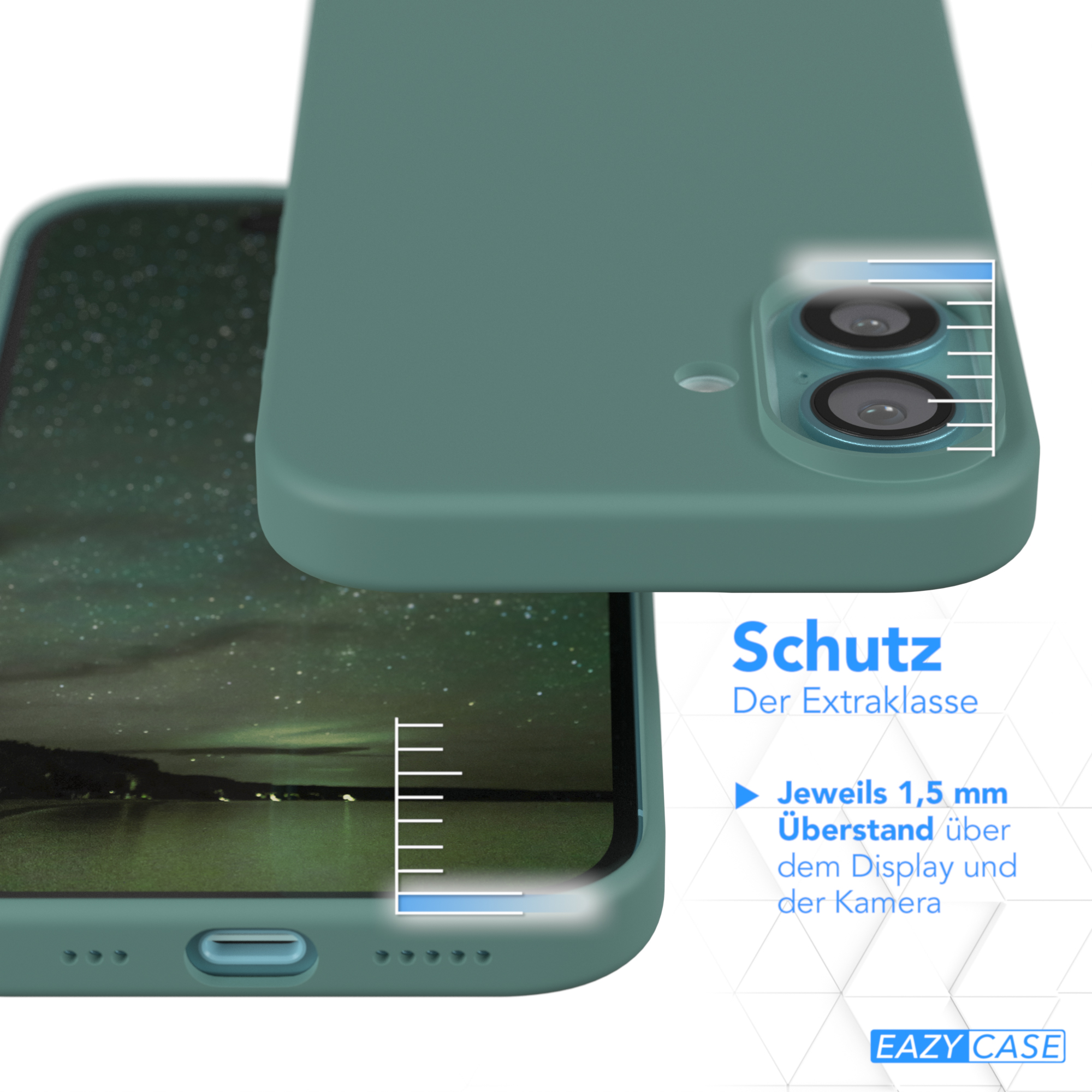 Türkisfarbene Handyhülle mit Telefon, das Kamera- und Bildschirmschutz zeigt.