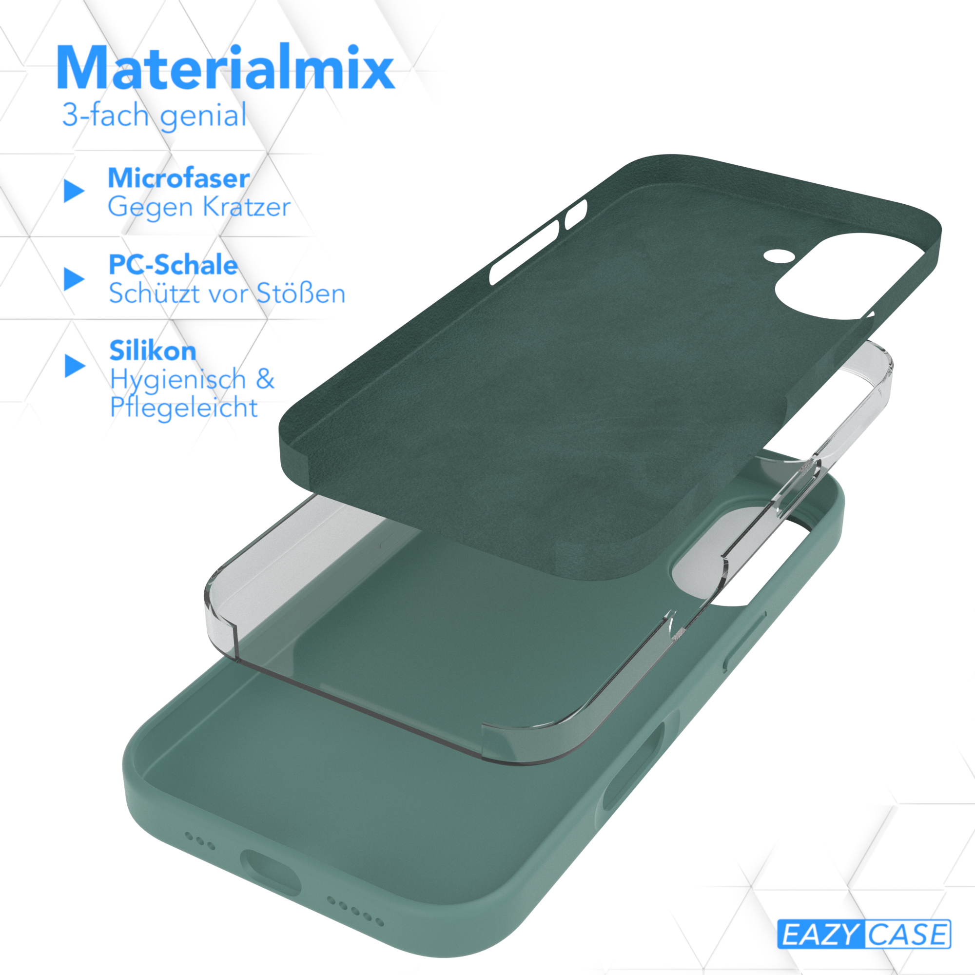 Handyhülle mit Mikrofaser, PC-Schale und Silikon. Text hebt Materialmix hervor.