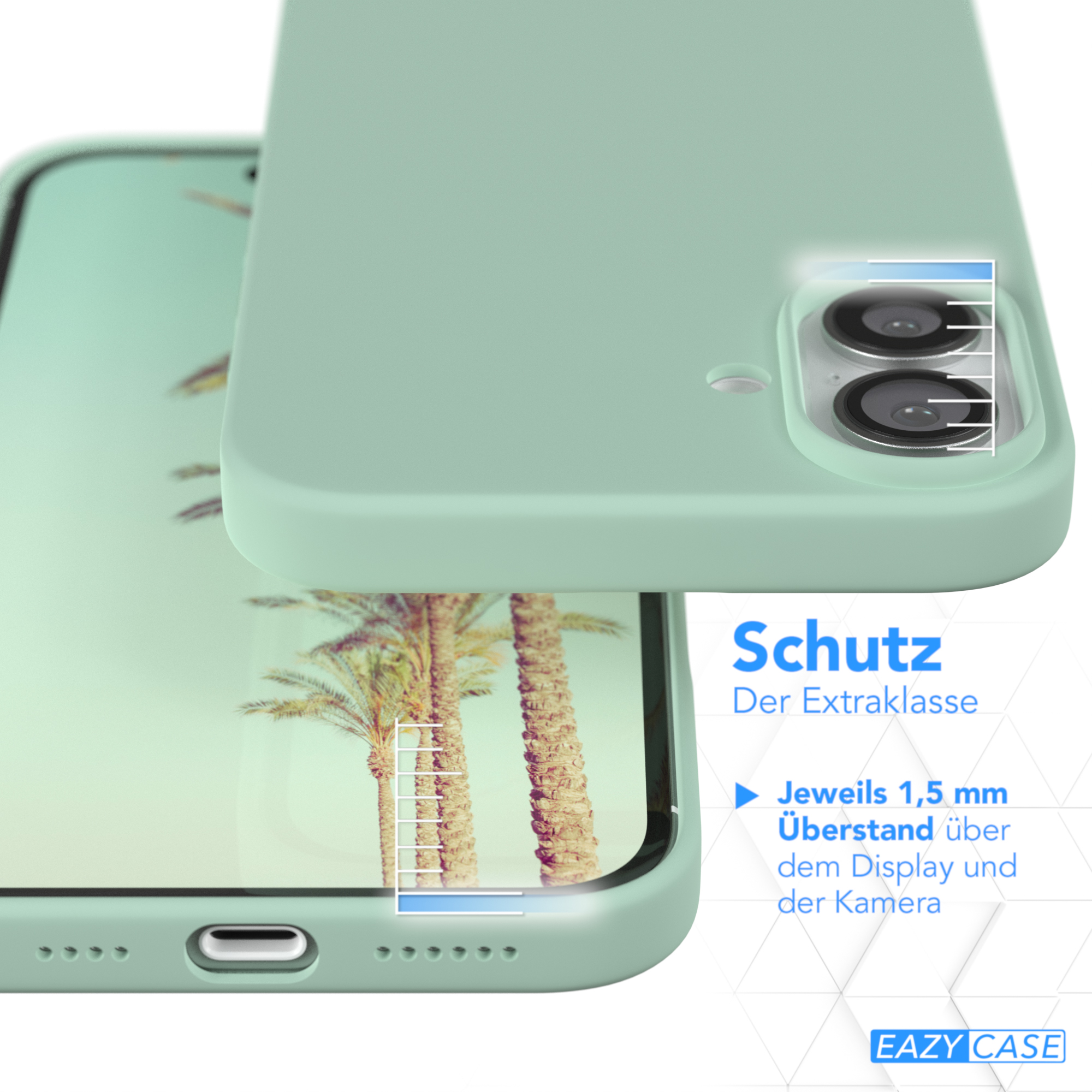 Eine mintgrüne Handyhülle auf einem Telefon, die den Kamera- und Displayschutz zeigt.