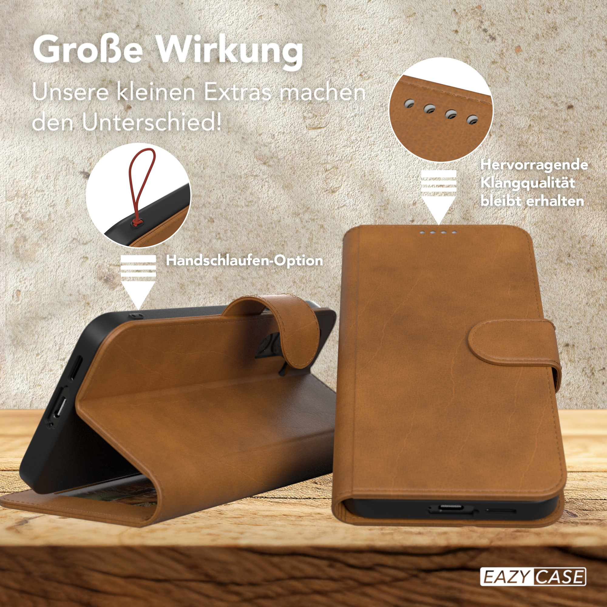 Braune Handyhülle mit Details. Geöffnete Hülle zeigt Telefon, Nahaufnahmen von Anschlüssen und Designmerkmalen.