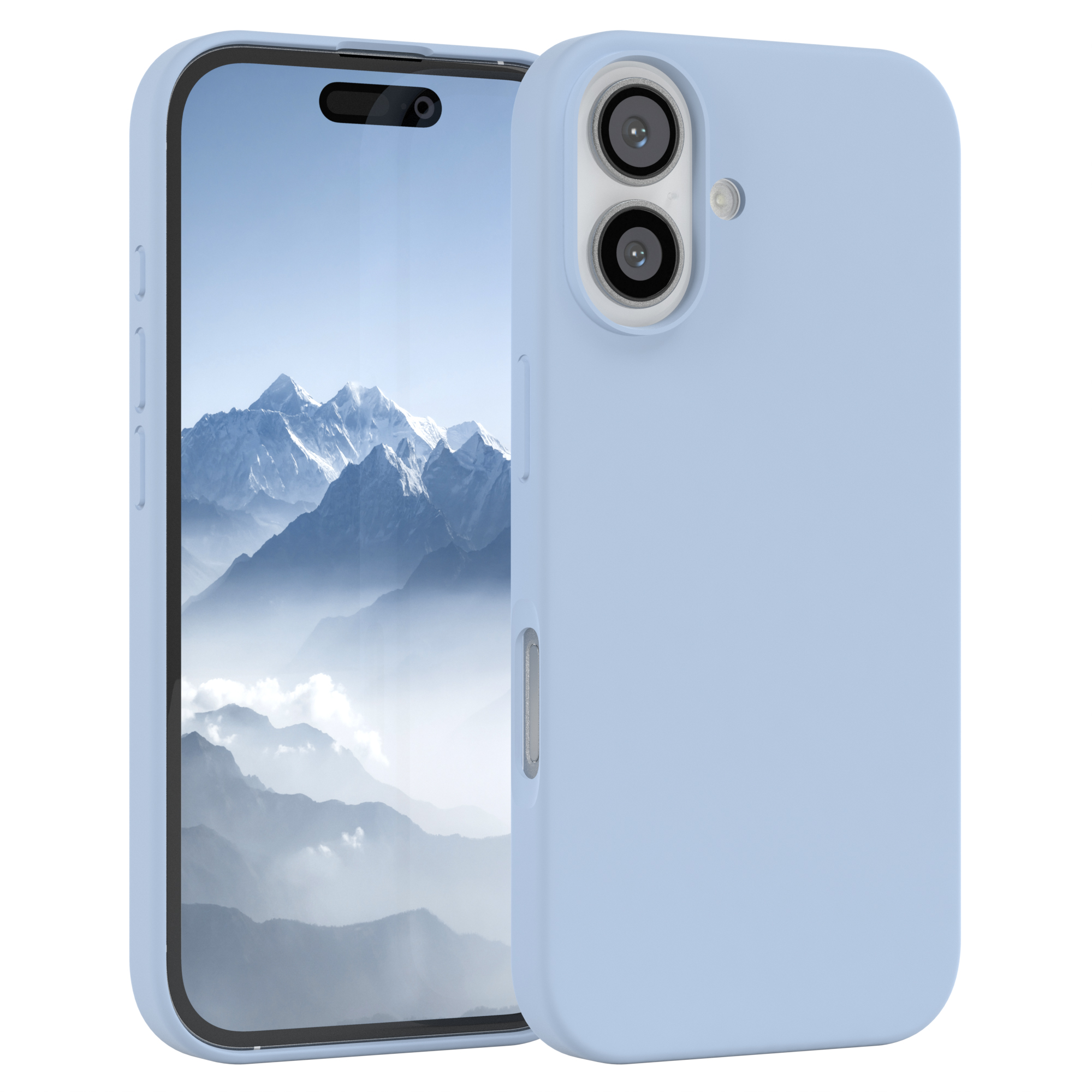 Hellblaue Handyhülle mit Telefon, das einen malerischen Hintergrund zeigt. Telefon hat zwei Kameras.