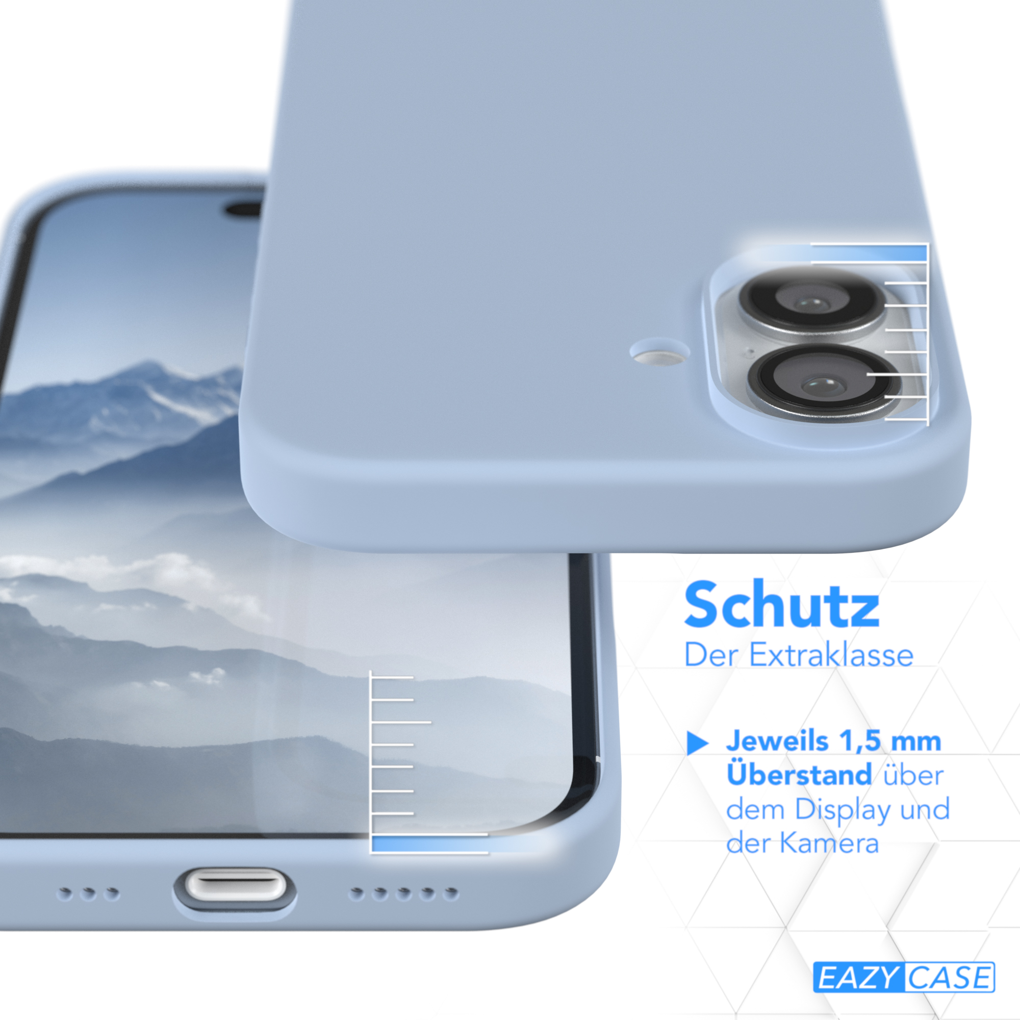 Blaue Handyhülle. Text: Schutz der Extraklasse. 1,5 mm über Display und Kamera.