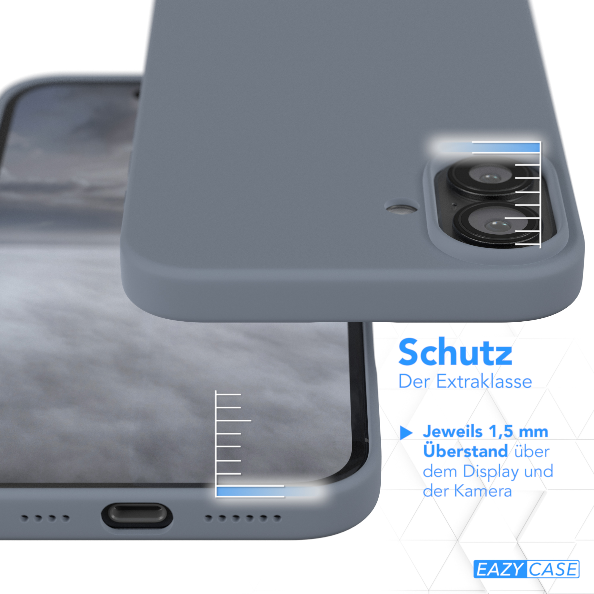 Eine hellgraue Handyhülle mit einem Telefon darin. Die Hülle ist geöffnet und zeigt das Telefon.