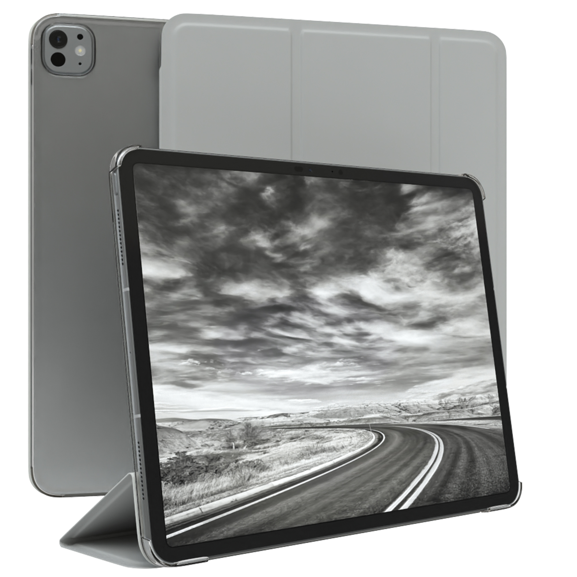 Ein Tablet in einer Hülle mit einem Landschaftsbild auf dem Bildschirm. Ein grauer Deckel steht dahinter.