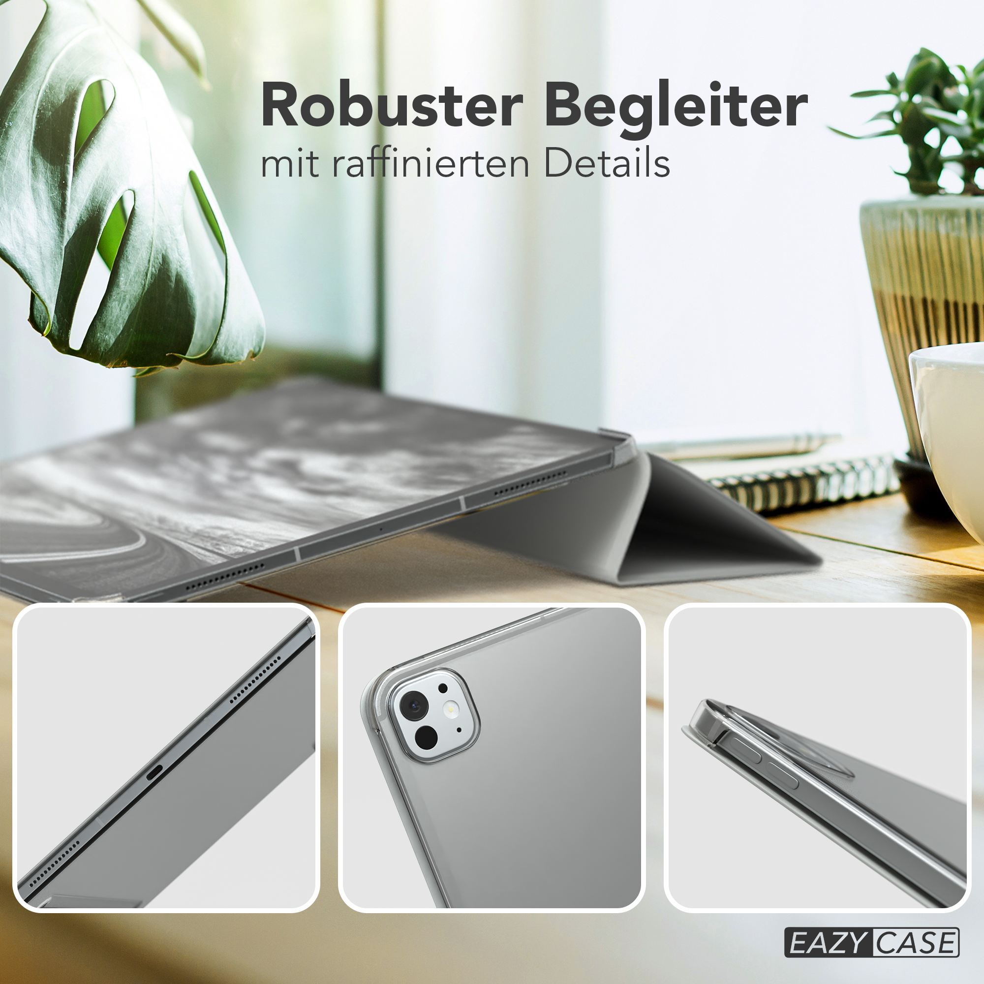 Tablet-Hülle, Nahaufnahmen. Grau. Holztisch.