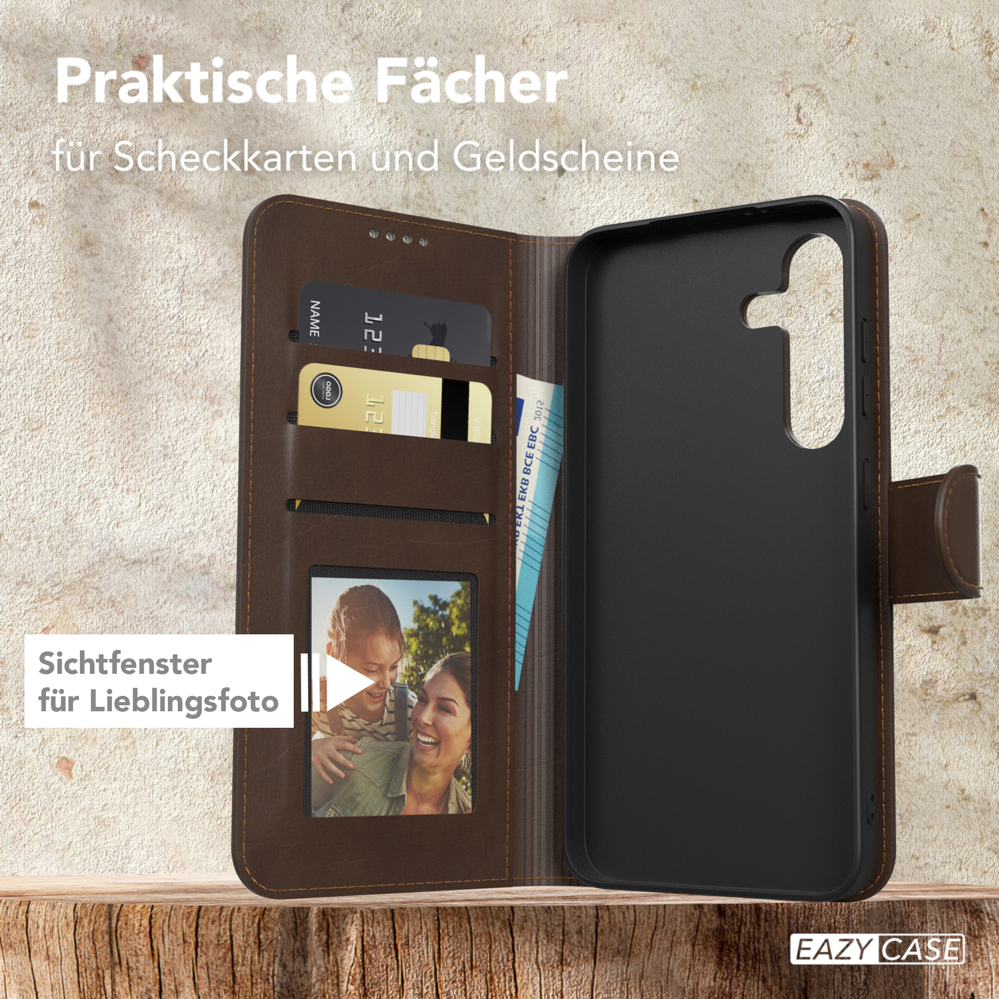 Braune Brieftaschen-Handyhülle. Enthält Kartenfächer, ein Fotofenster und eine Halterung.