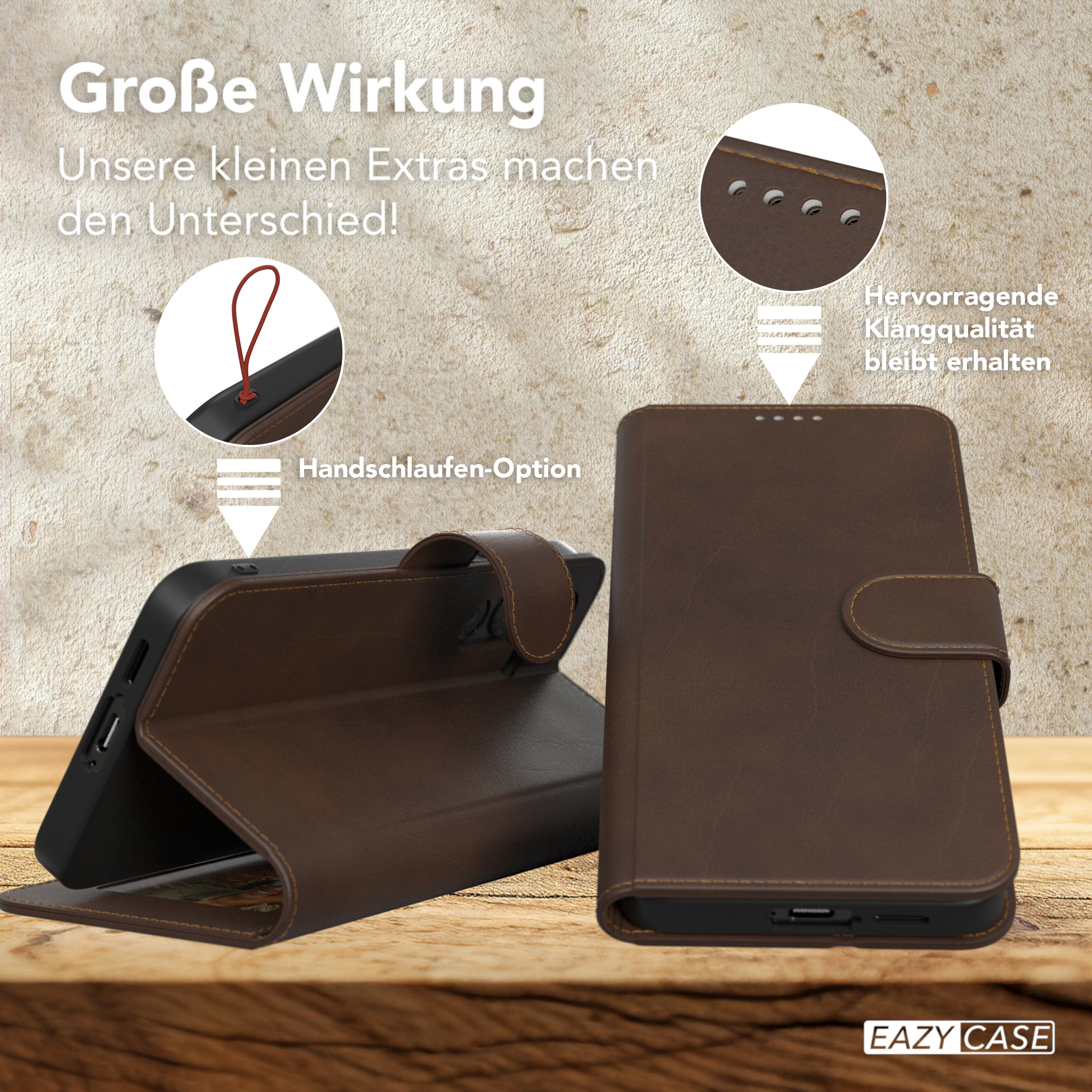 Braune Leder-Handyhülle, offen mit Telefon und geschlossen. Text auf Deutsch.