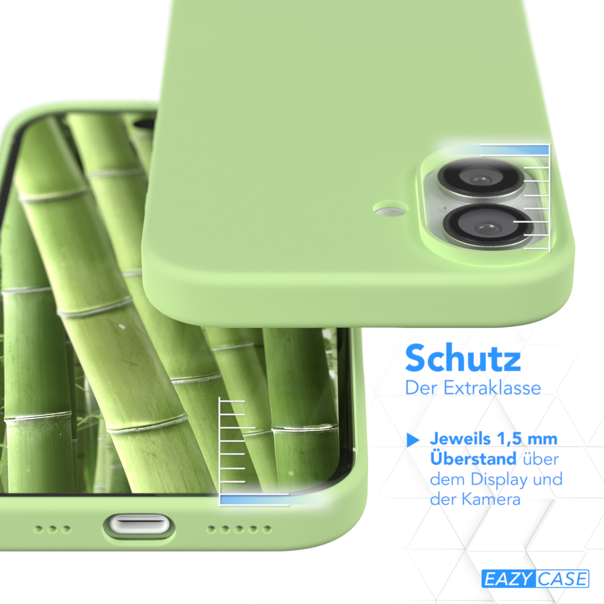 Eine grüne Handyhülle, die ein Telefon bedeckt, und ein Bambushintergrund.