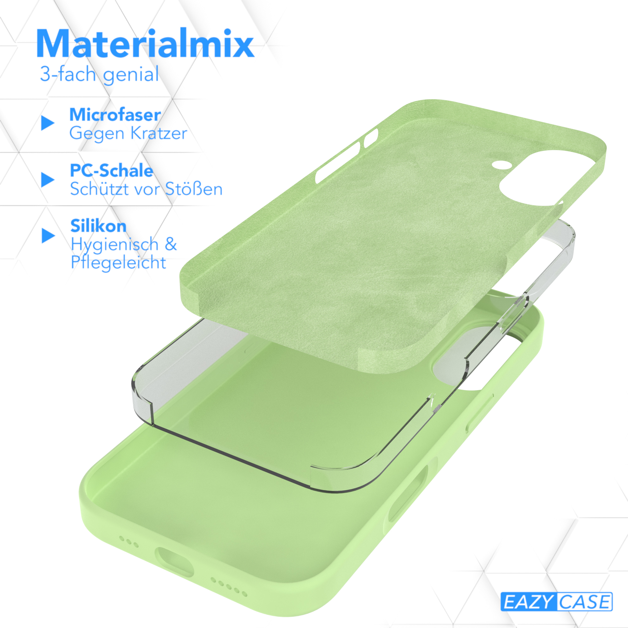 Ein zerlegtes Handycase, das die Schichten zeigt: Mikrofaser, PC-Schale und Silikon. Text auf Deutsch sichtbar.