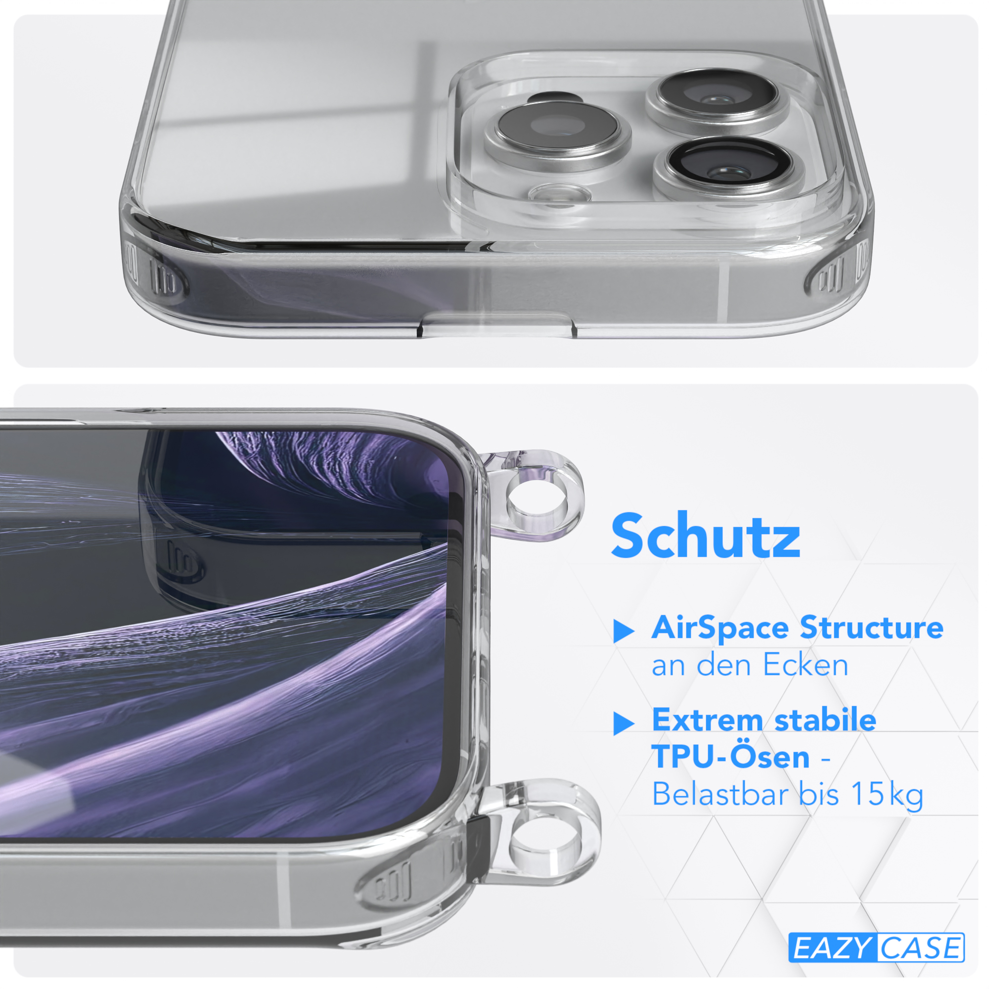 Transparente Handyhülle mit Telefon. Text hebt Funktionen wie AirSpace-Struktur und TPU-Ösen hervor.
