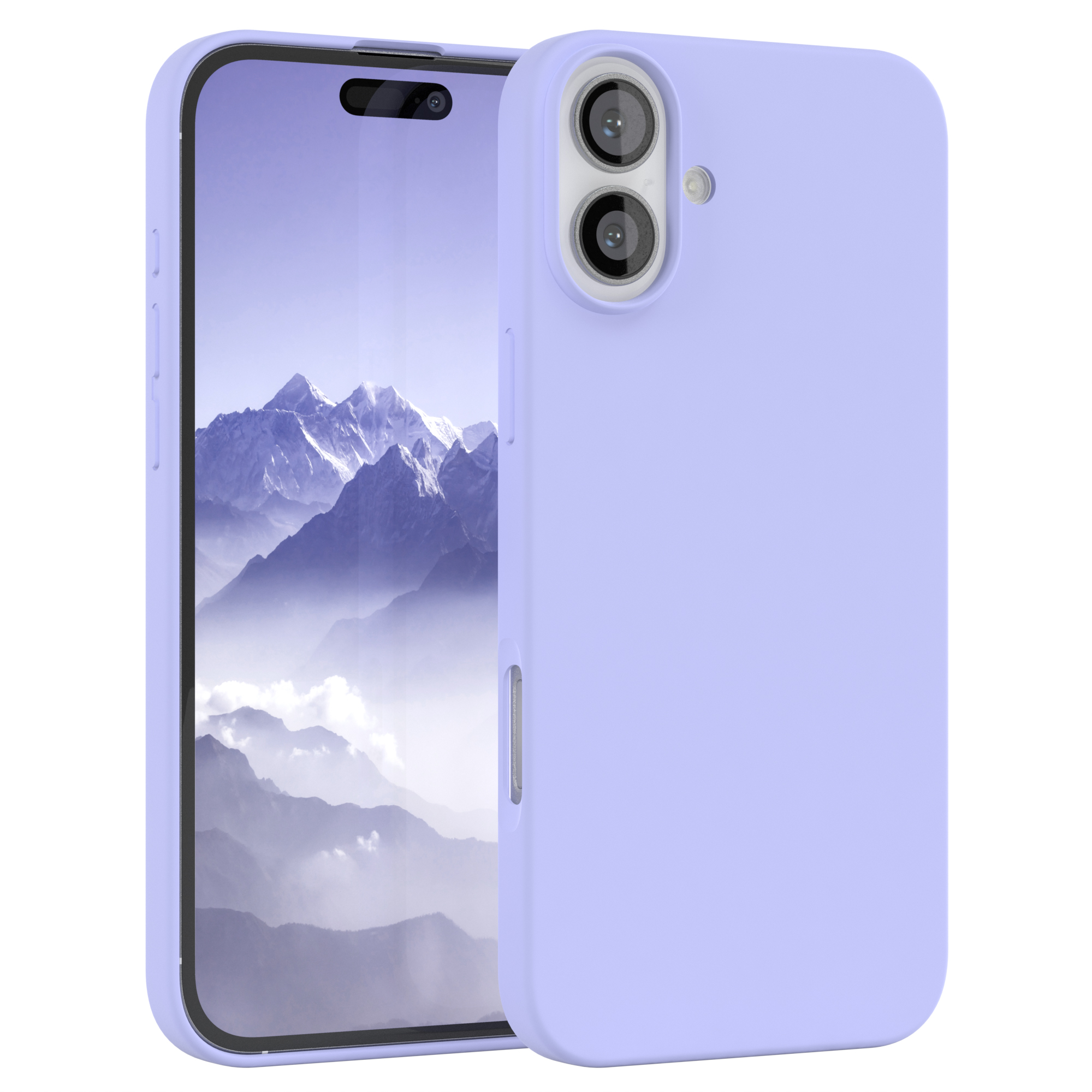 Ein lavendelfarbenes Telefon mit Hülle. Eine Berglandschaft ist auf dem Telefonbildschirm. Eine zweite Hülle befindet sich rechts.