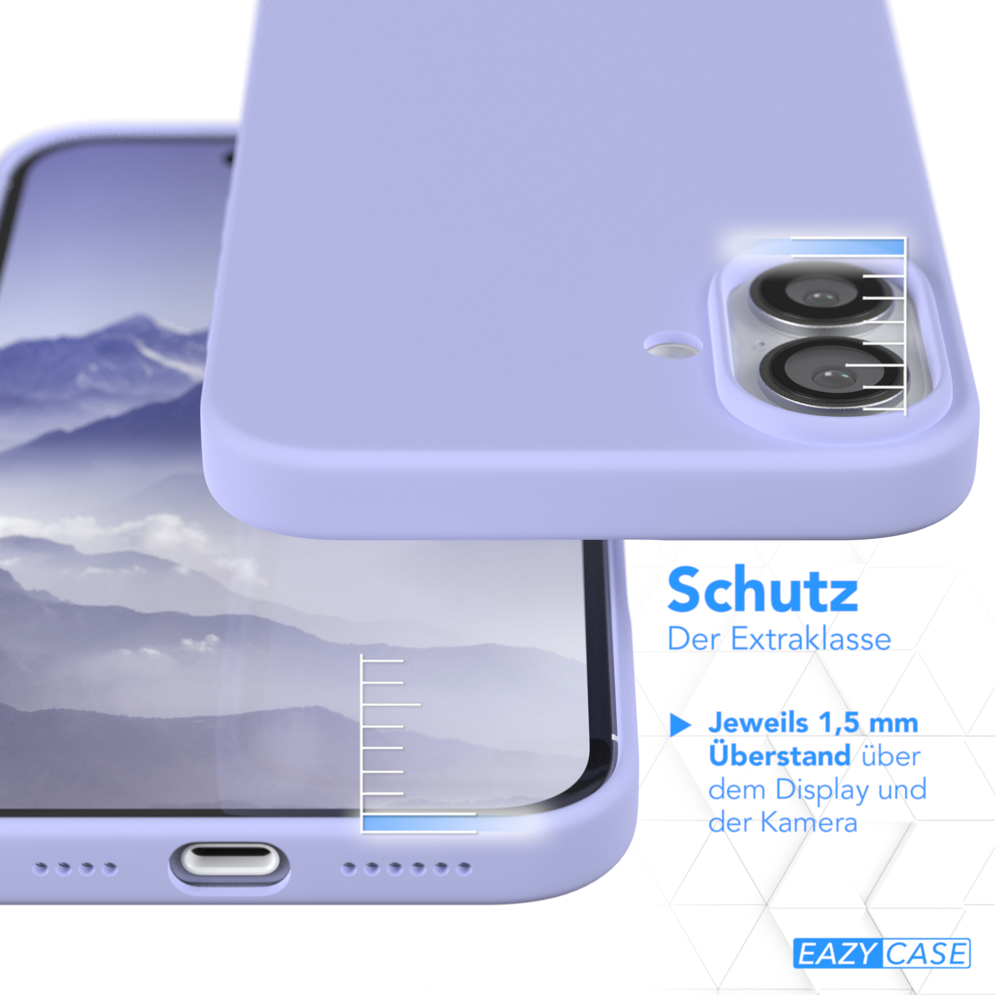 Eine Handyhülle und ein Telefon mit einer schützenden Lavendelabdeckung. Das Telefon ist teilweise sichtbar.