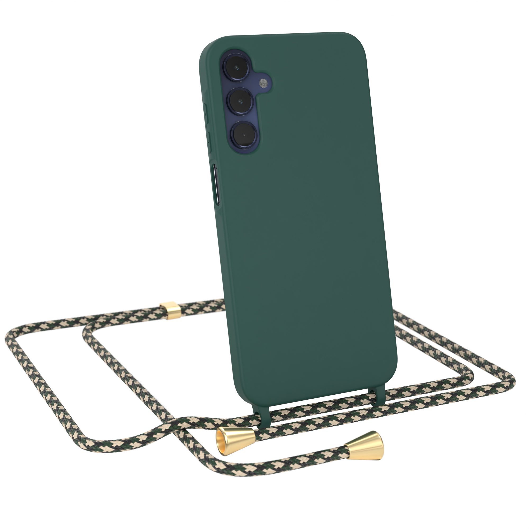 Grüne Handyhülle mit Lanyard. Das Telefon hat eine Dreifachkamera. Grünes und beiges Lanyard.