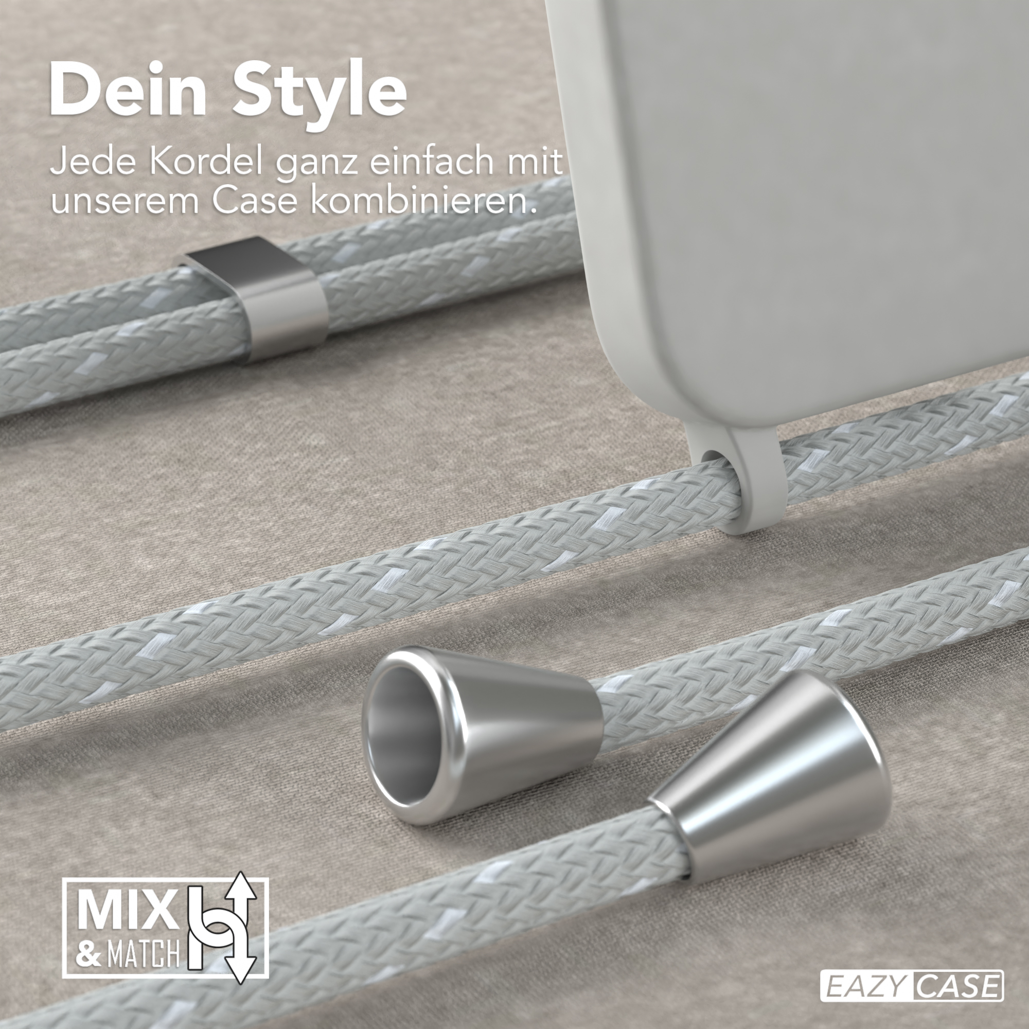 Nahaufnahme von silbernen Metall-Kordelenden und grauen Kordeln. Der Text sagt: Dein Style und Mix & Match.