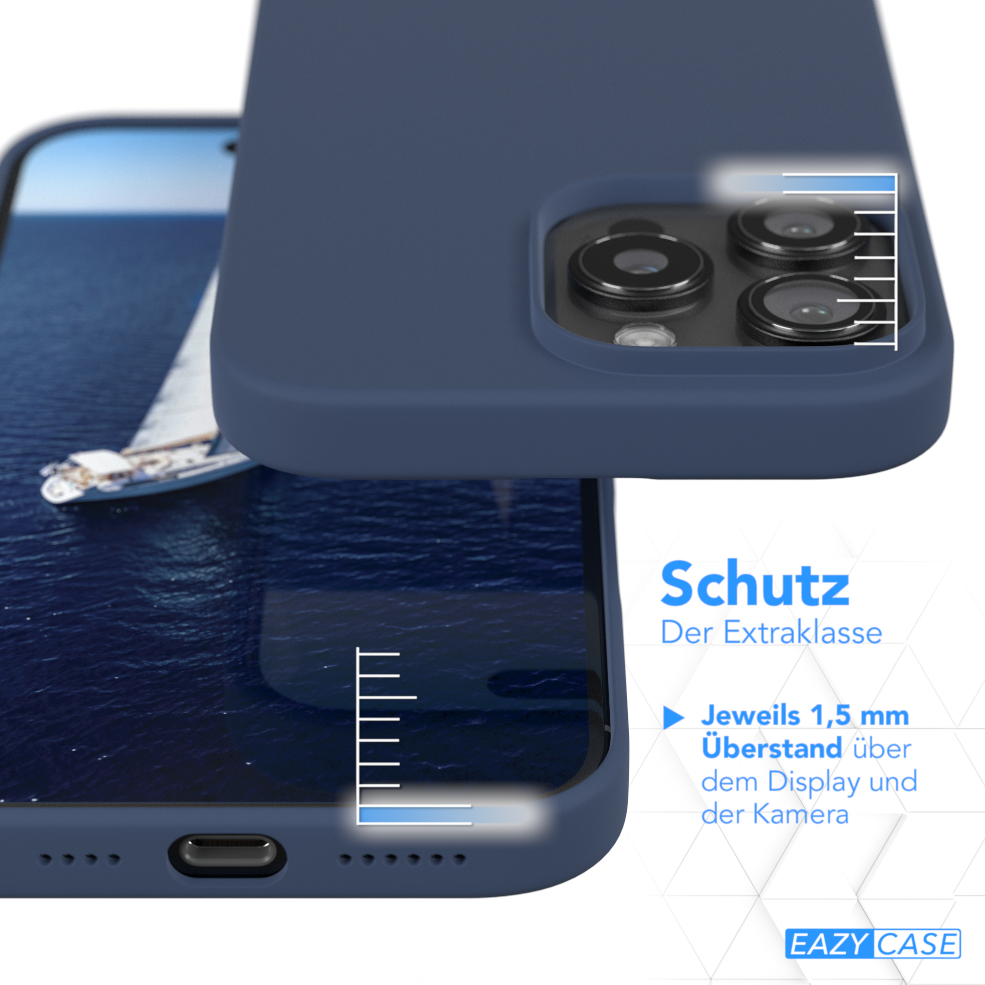 Blaue Handyhülle, die ein Telefon schützt. Zeigt Schutz über Kamera und Display.