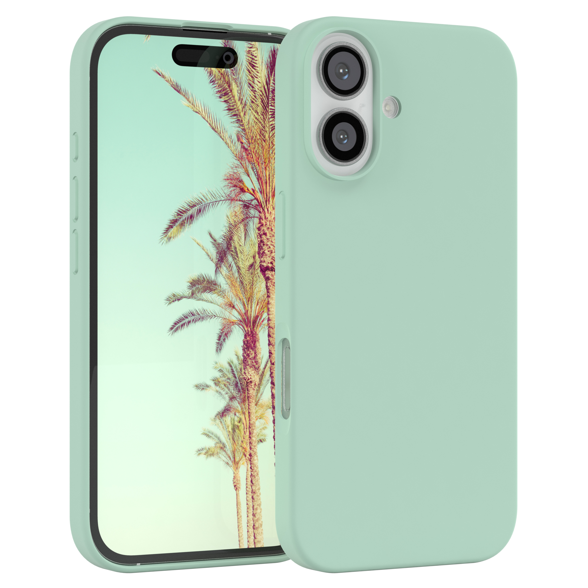 Eine mintgrüne Handyhülle mit Telefon und Palmen auf dem Bildschirm.