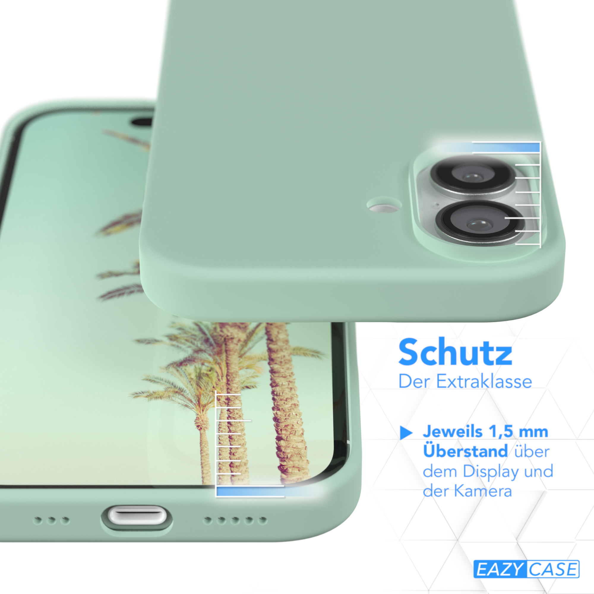 Eine mintgrüne Handyhülle mit Telefon, Text auf Deutsch.