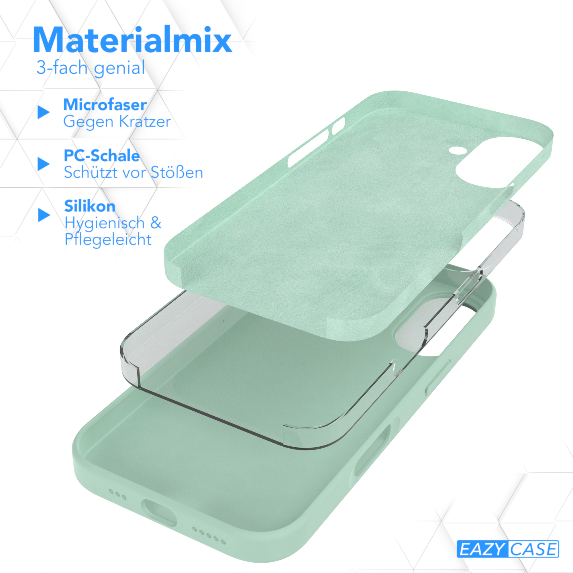 Dreilagige Handyhülle in Grüntönen, mit Text zur Kennzeichnung der Materialien: Mikrofaser, PC-Schale, Silikon.