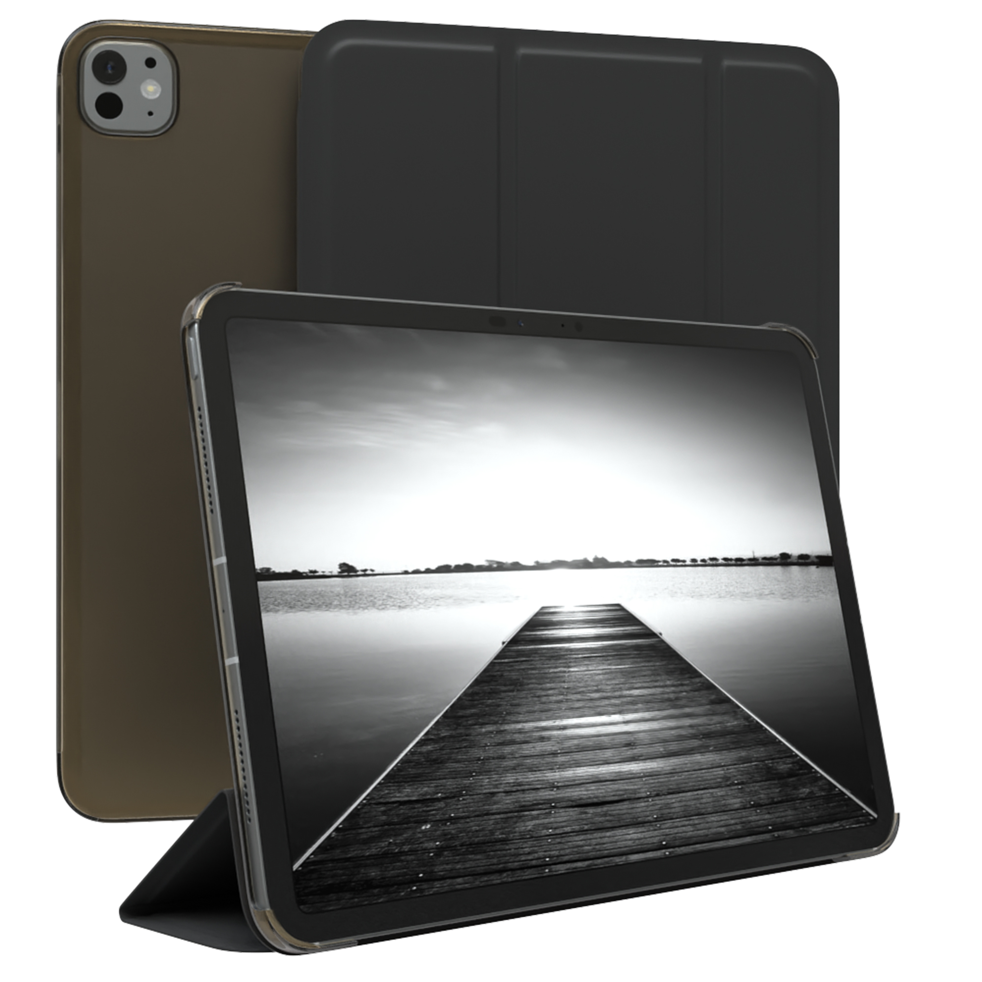 Tablet und zwei Hüllen. Tablet zeigt Steg. Eine Hülle offen, andere geschlossen.