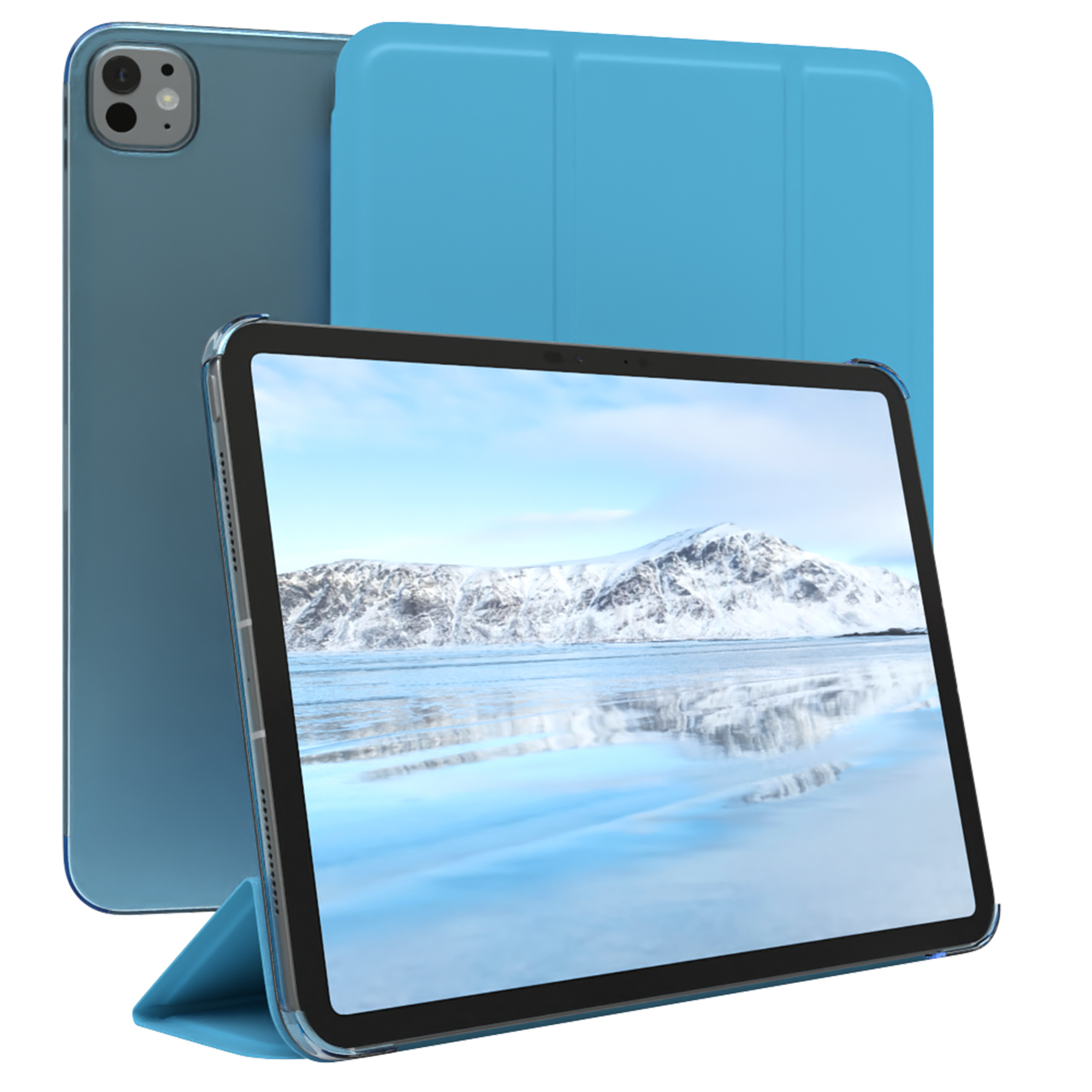 Blaues iPad mit Hülle. Der Bildschirm zeigt eine verschneite Berglandschaft.