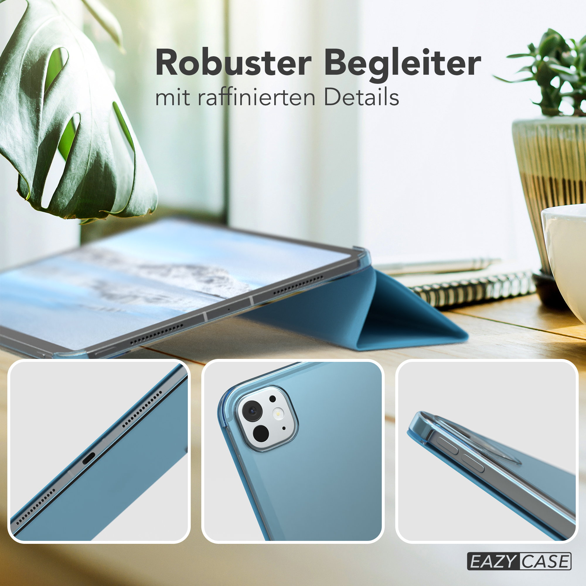Eine blaue Tablet-Hülle mit detaillierten Bildern der Gerätefunktionen.