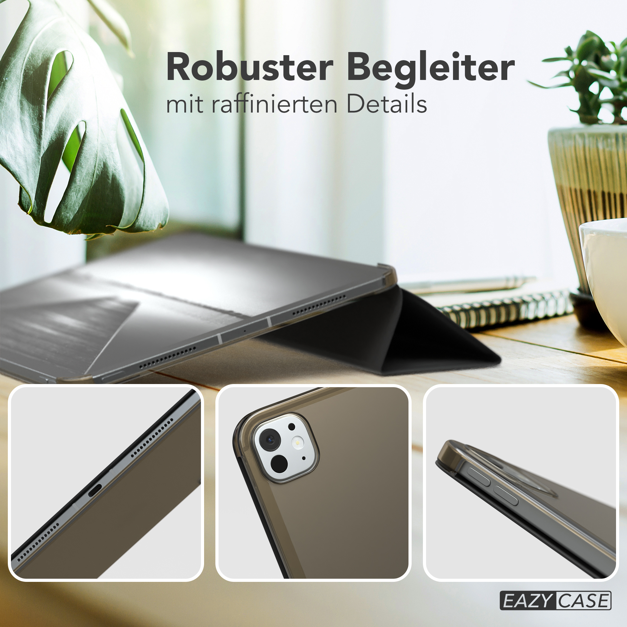 Tablet mit Hülle, Details: Seite, Ecke, Oberseite. Text: 'Robuster Begleiter mit raffinierten Details'.