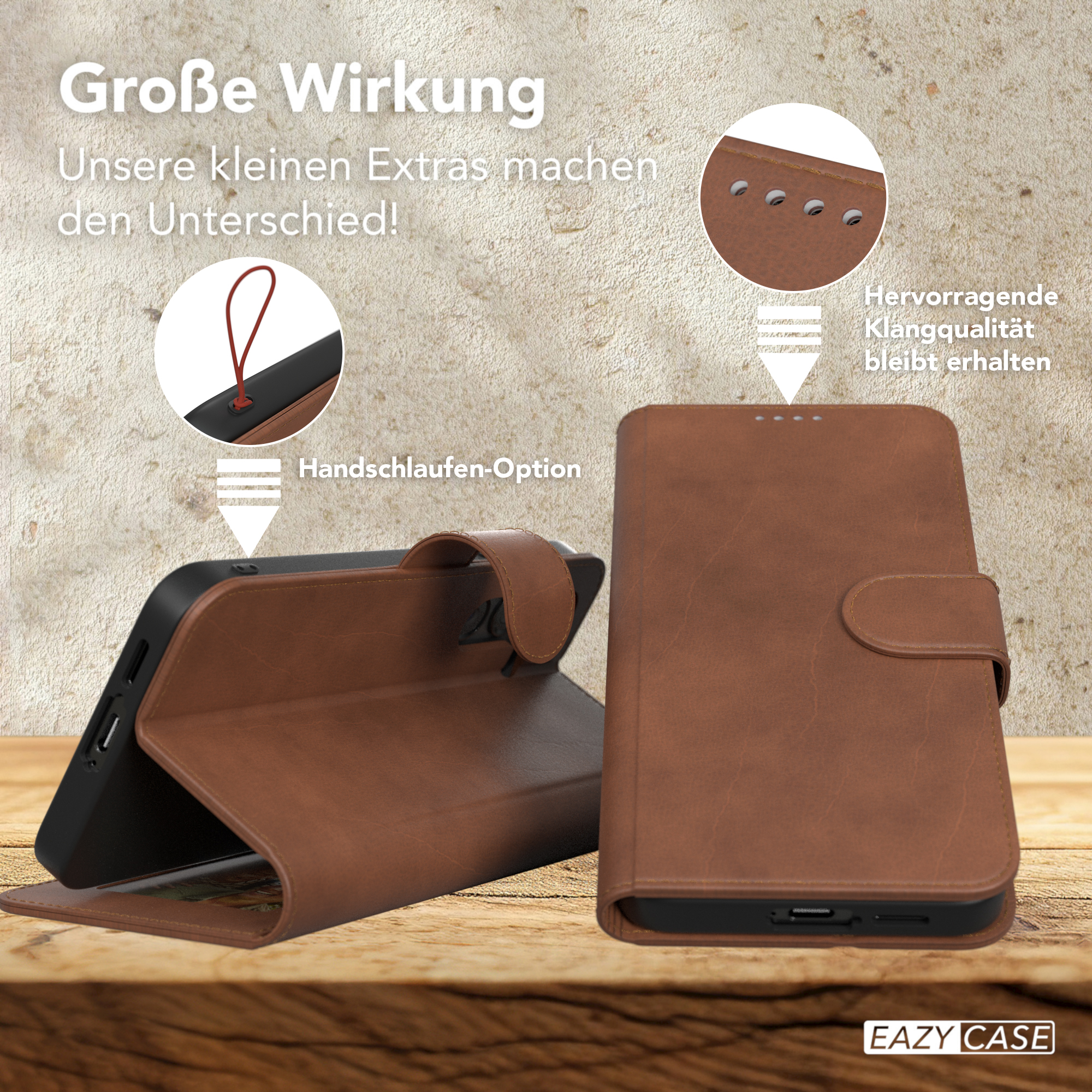 Braune Handyhülle mit Telefon. Merkmale umfassen Handschlaufe.