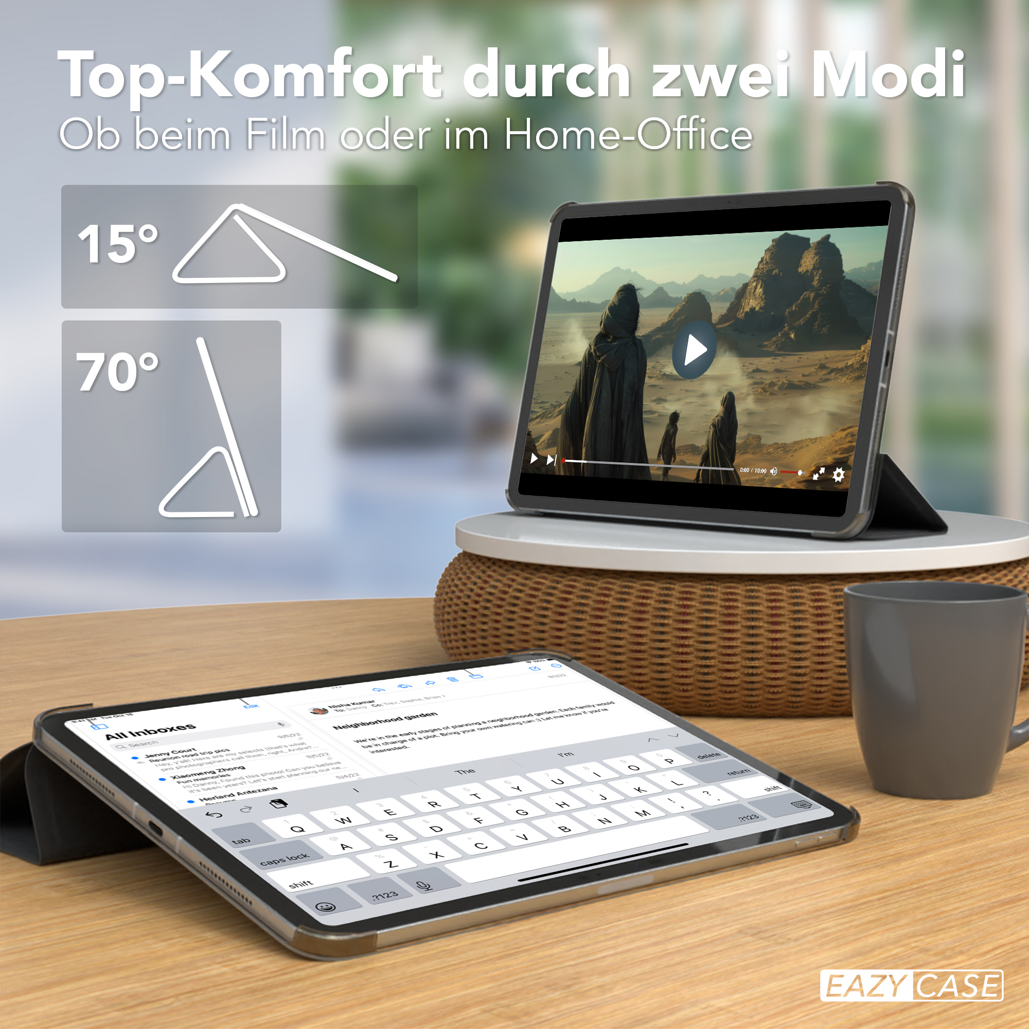 Tablet in einer Hülle, gezeigt in 15- und 70-Grad-Winkeln. Es liegt auf einem Holztisch.