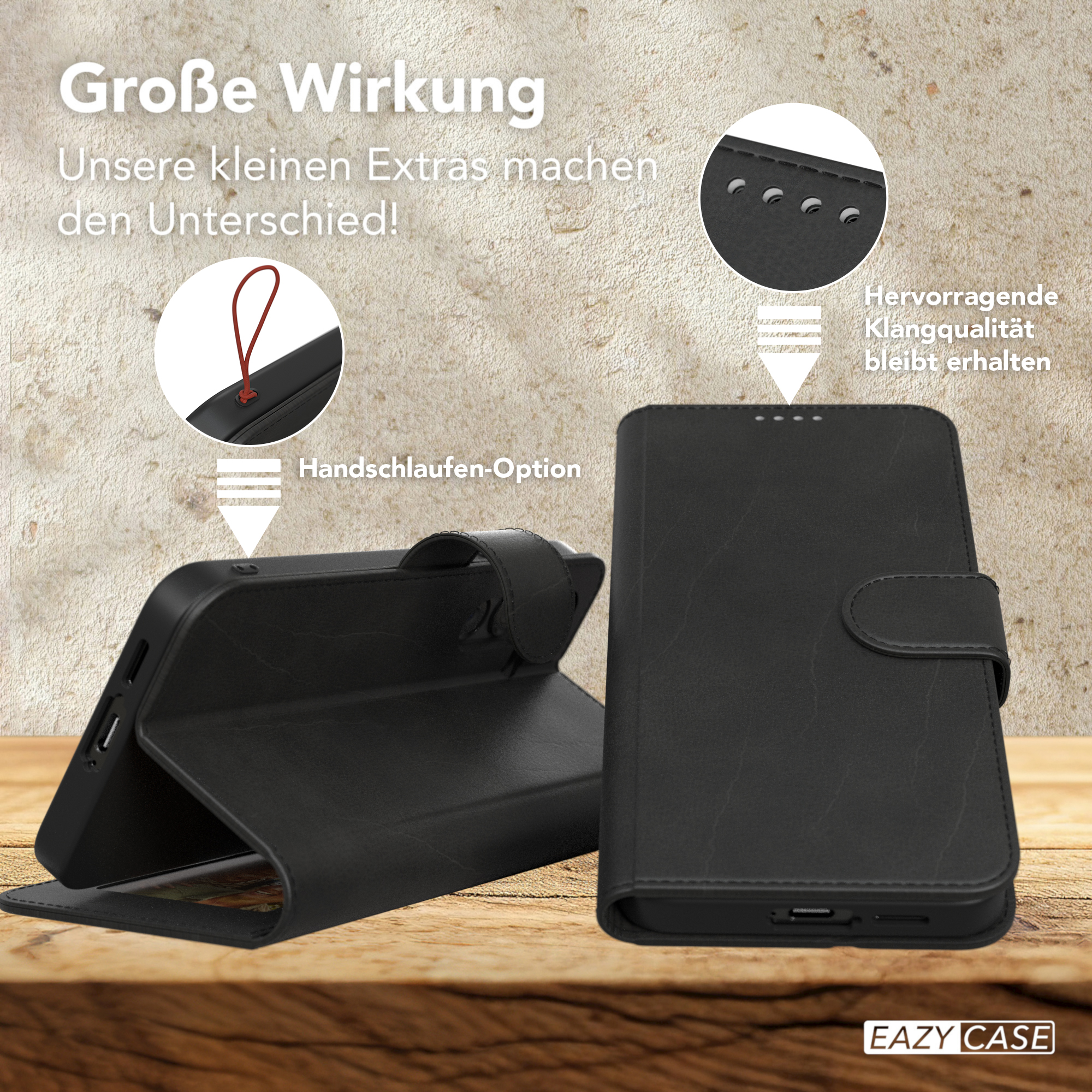 Eine schwarze Handyhülle mit Handschlauf-Option, Magnetverschluss und Handschlauf-Option.