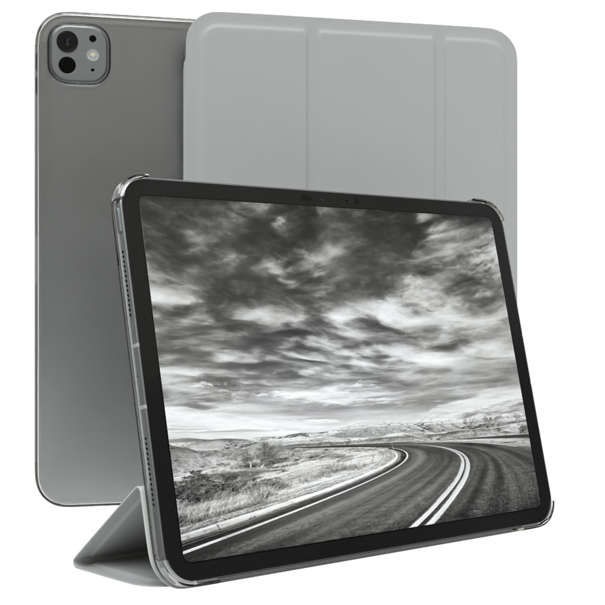Graues Tablet mit Hülle, zeigt eine schwarz-weiße Straßenszene. Es hat eine transparente Hülle.