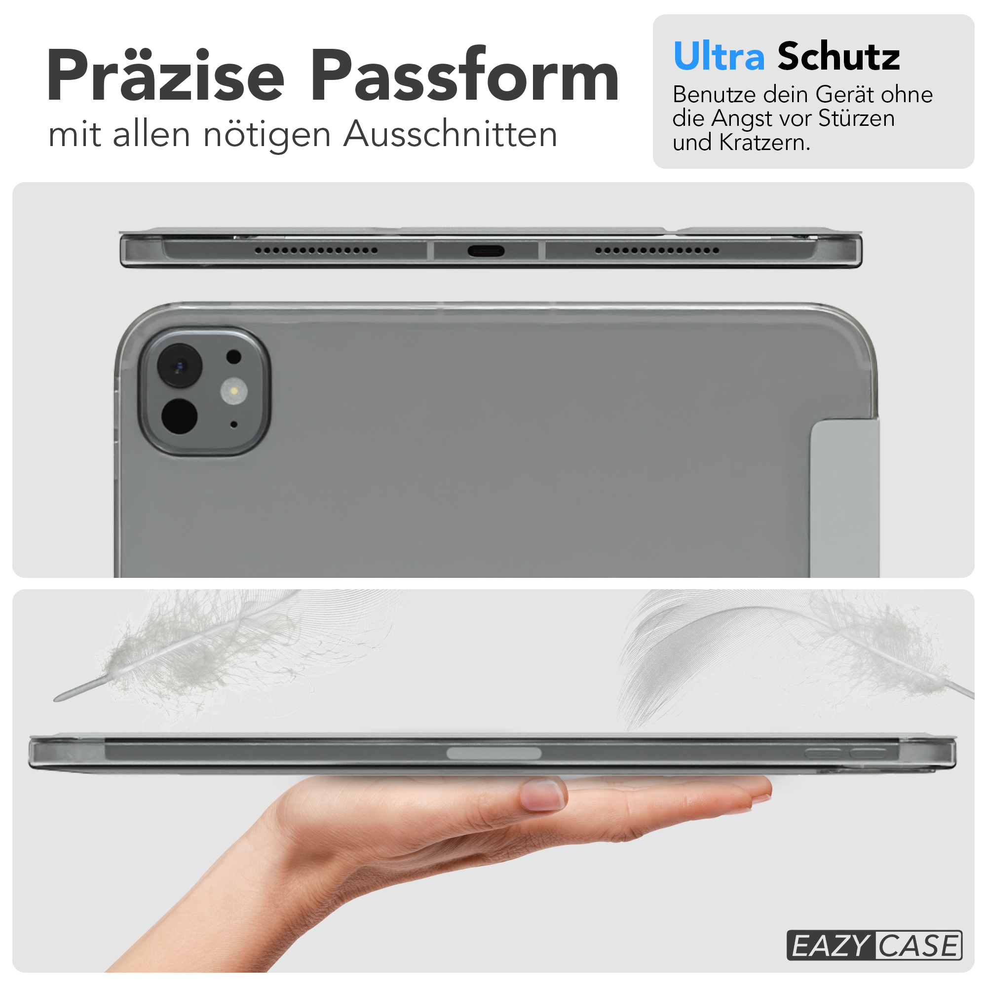 Graue Tablet-Hülle. Ober- und Seitenansichten zeigen Hülle und Gerät. Federn im Hintergrund.