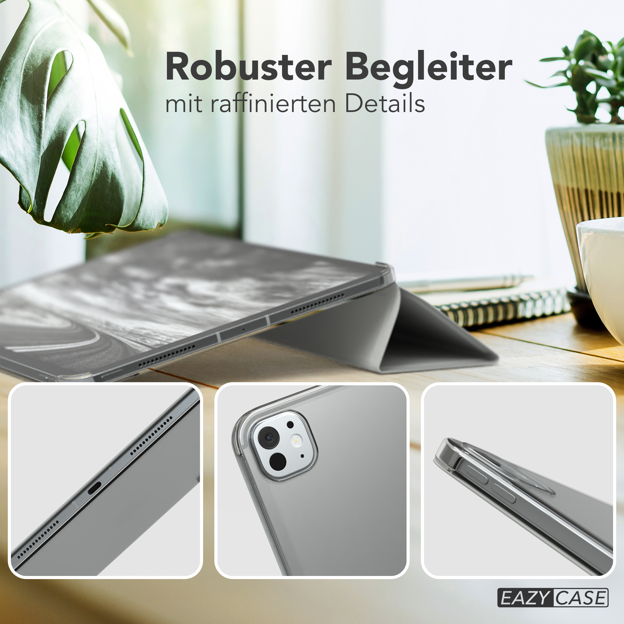 Eine Tablet-Hülle mit Bildern des Tablets und Details. Der Text lautet 'Robuster Begleiter'.