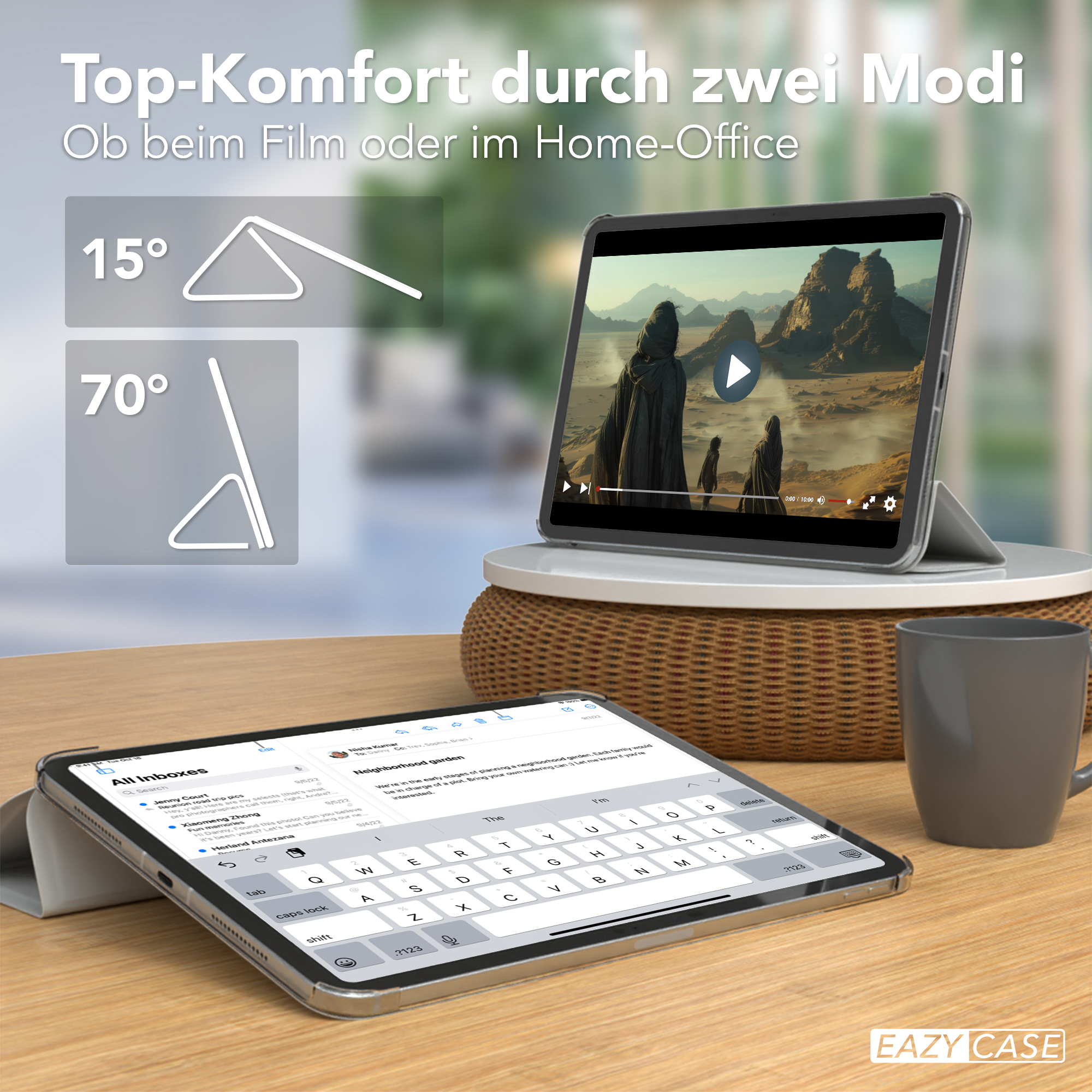 Tablet auf dem Schreibtisch, Text: Top-Komfort durch zwei Modi. Zwei Modi, 15 und 70 Grad. Grauer Becher.