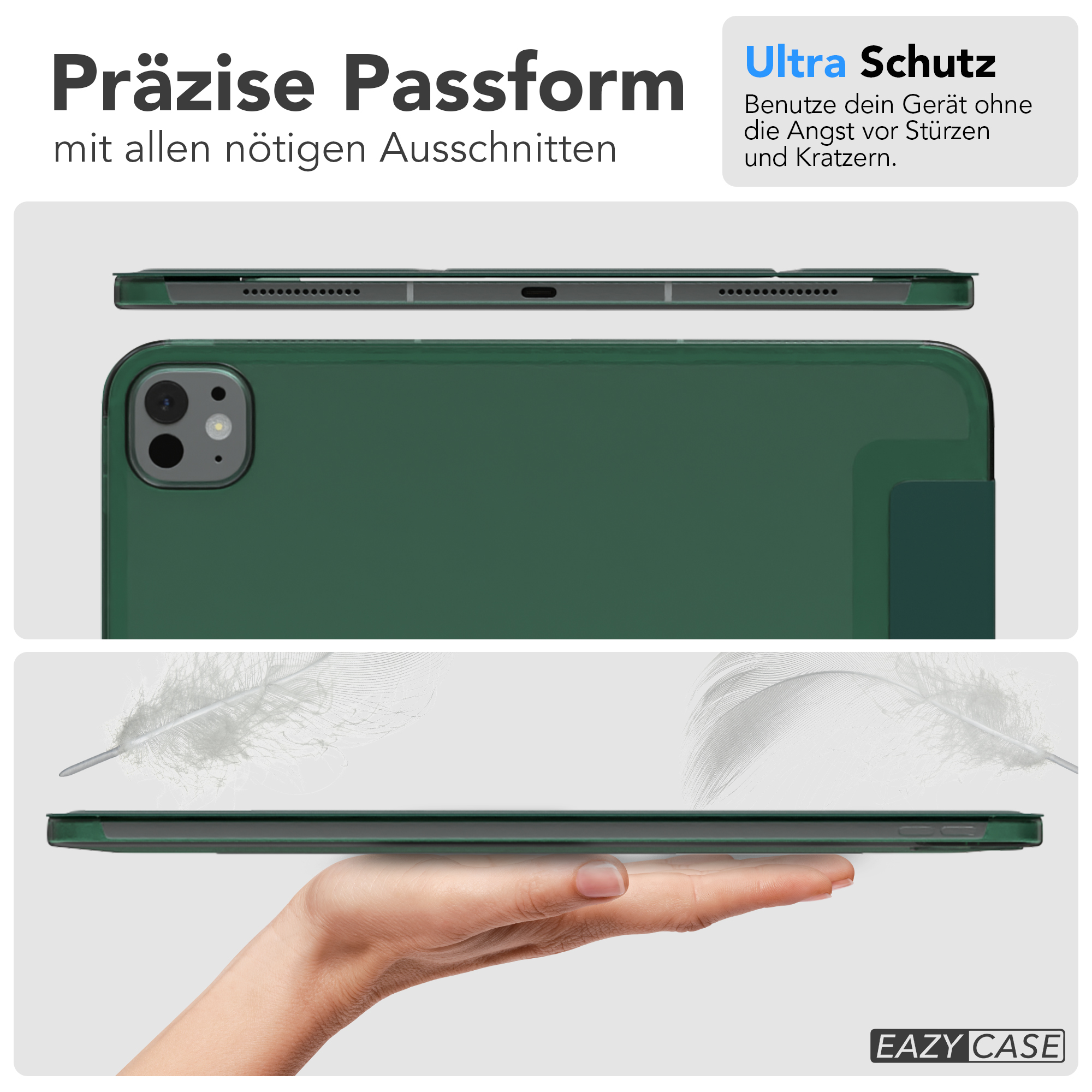 Tablet in grüner Hülle. Text: 'Präzise Passform mit allen nötigen Aussparungen' und 'Ultra Schutz'.
