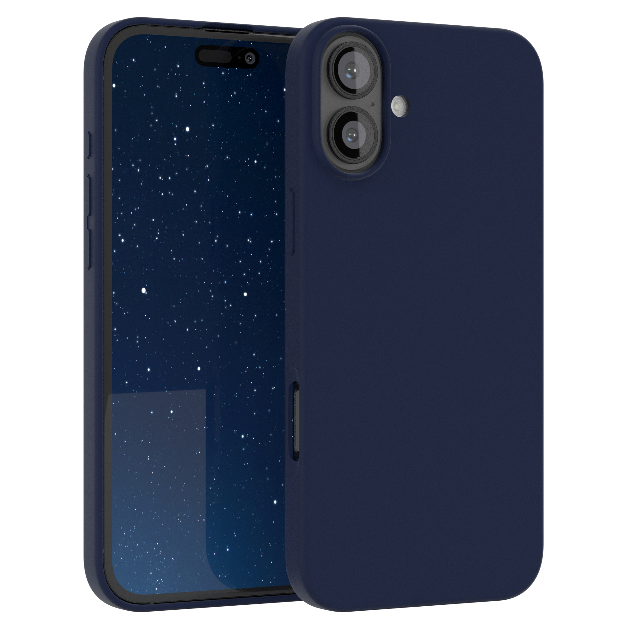 Smartphone in blauem Case mit Sternennacht-Bildschirm und Kamera, vor weißem Hintergrund.