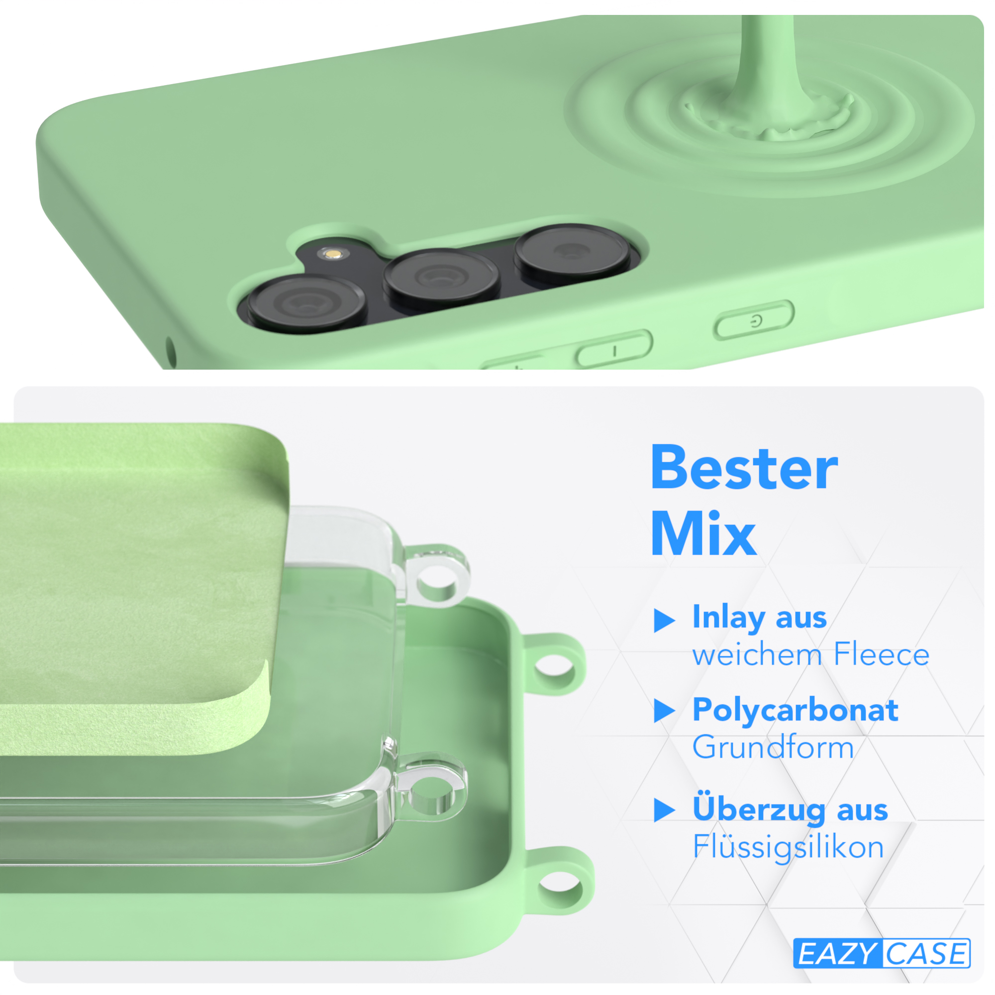 Eine grüne Handyhülle mit einem geschichteten Design und einem Flüssigkeitsspritzer, mit Text.