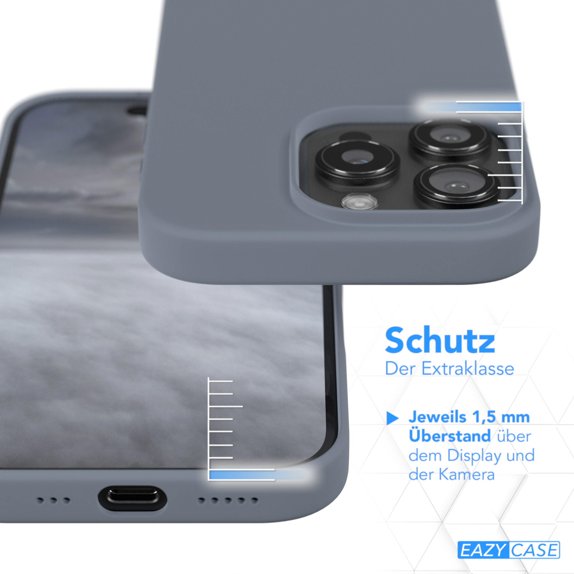 Eine Handyhülle mit Telefon darin. Text: "Schutz". Markenname: Eazy Case. Zeigt den Rand.