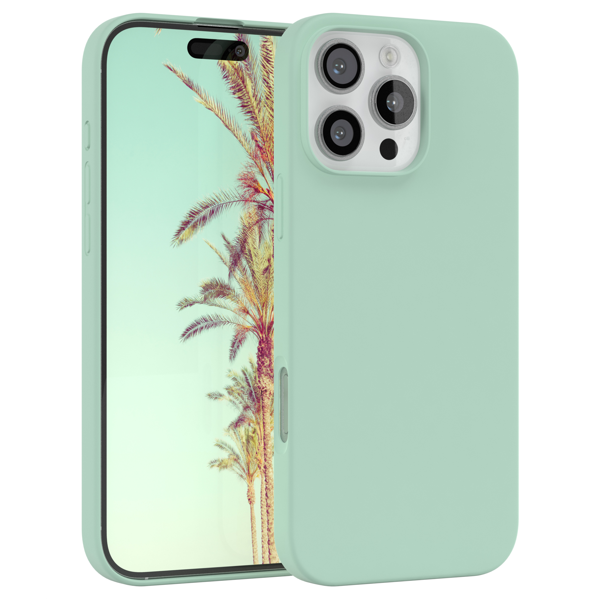 Eine mintgrüne Handyhülle mit einem Telefon, das eine Palmenbaum-Szene zeigt.