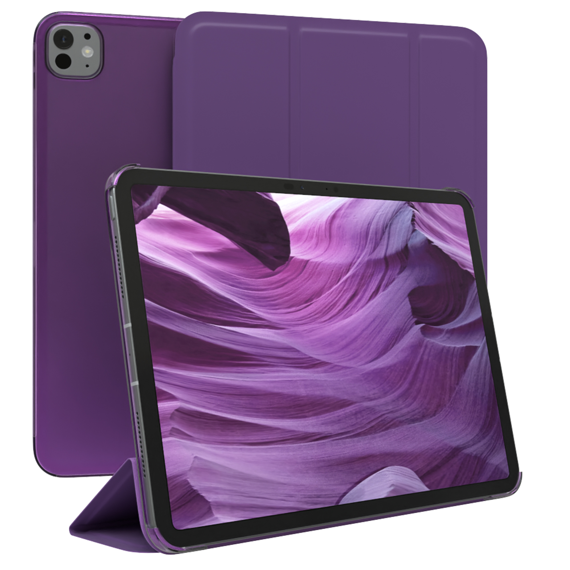 Lila Tablet mit Hülle. Der Bildschirm zeigt eine violette Felsformation.