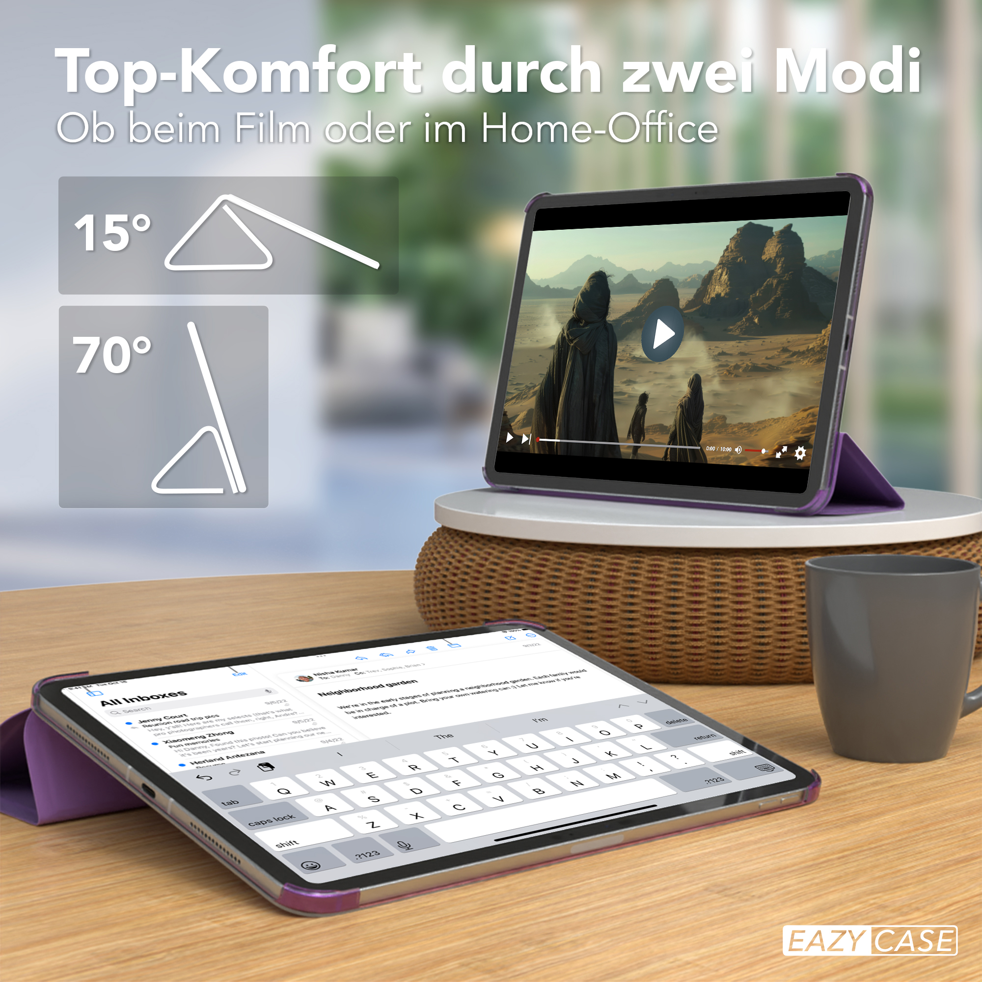 Tablet auf Tisch. Ein weiteres Tablet und eine Tasse im Hintergrund. Hülle hat zwei Modi.