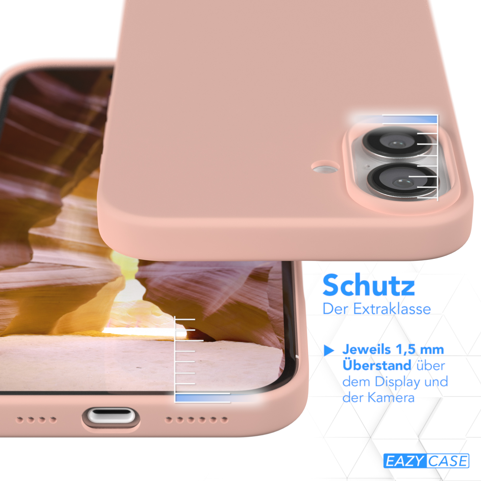 Rosa Handyhülle mit erhöhten Kanten, schützt Kamera und Display.