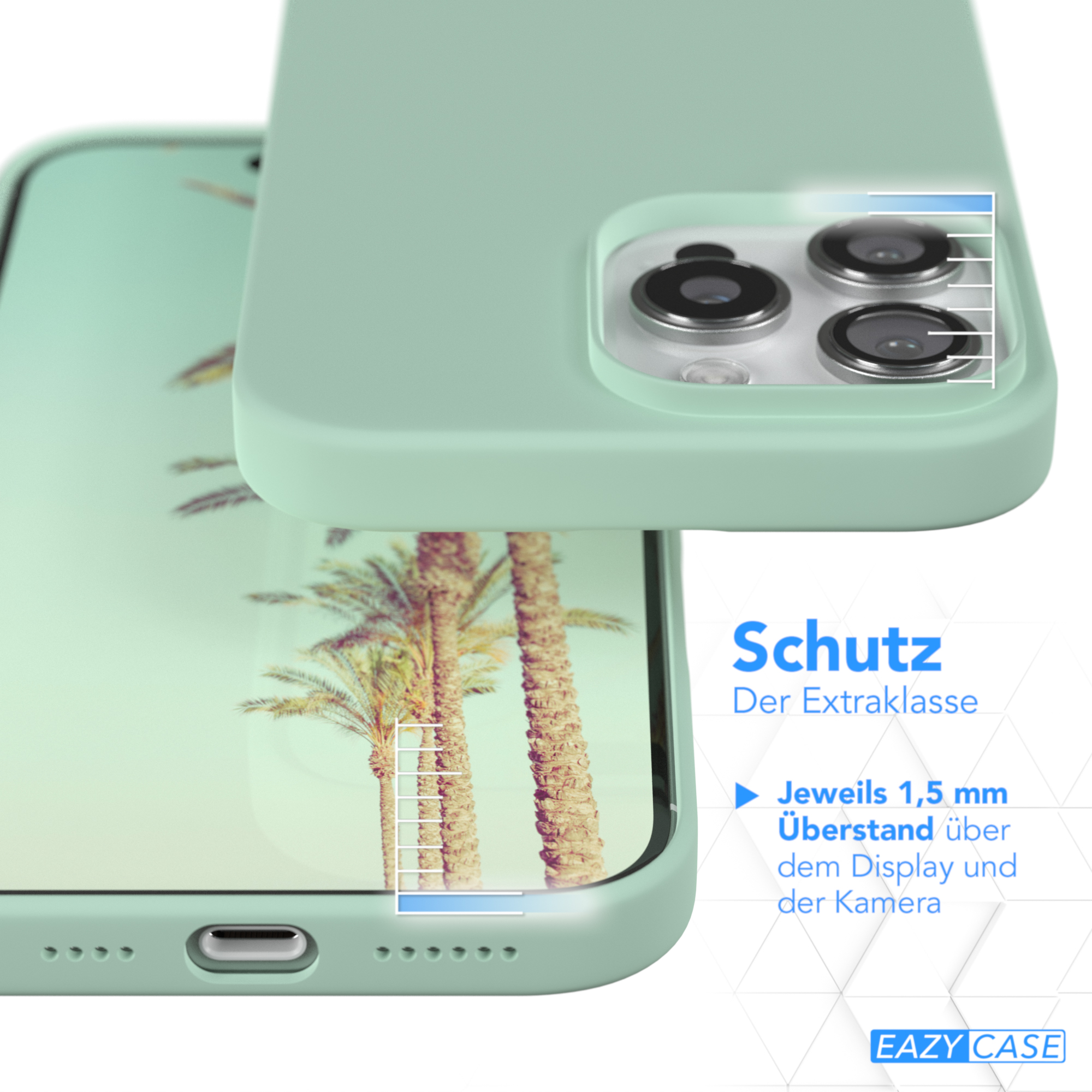 Eine hellgrüne Handyhülle leicht von einem Telefonbildschirm mit Palmen entfernt. Text liest Schutz. Eazy Case Logo