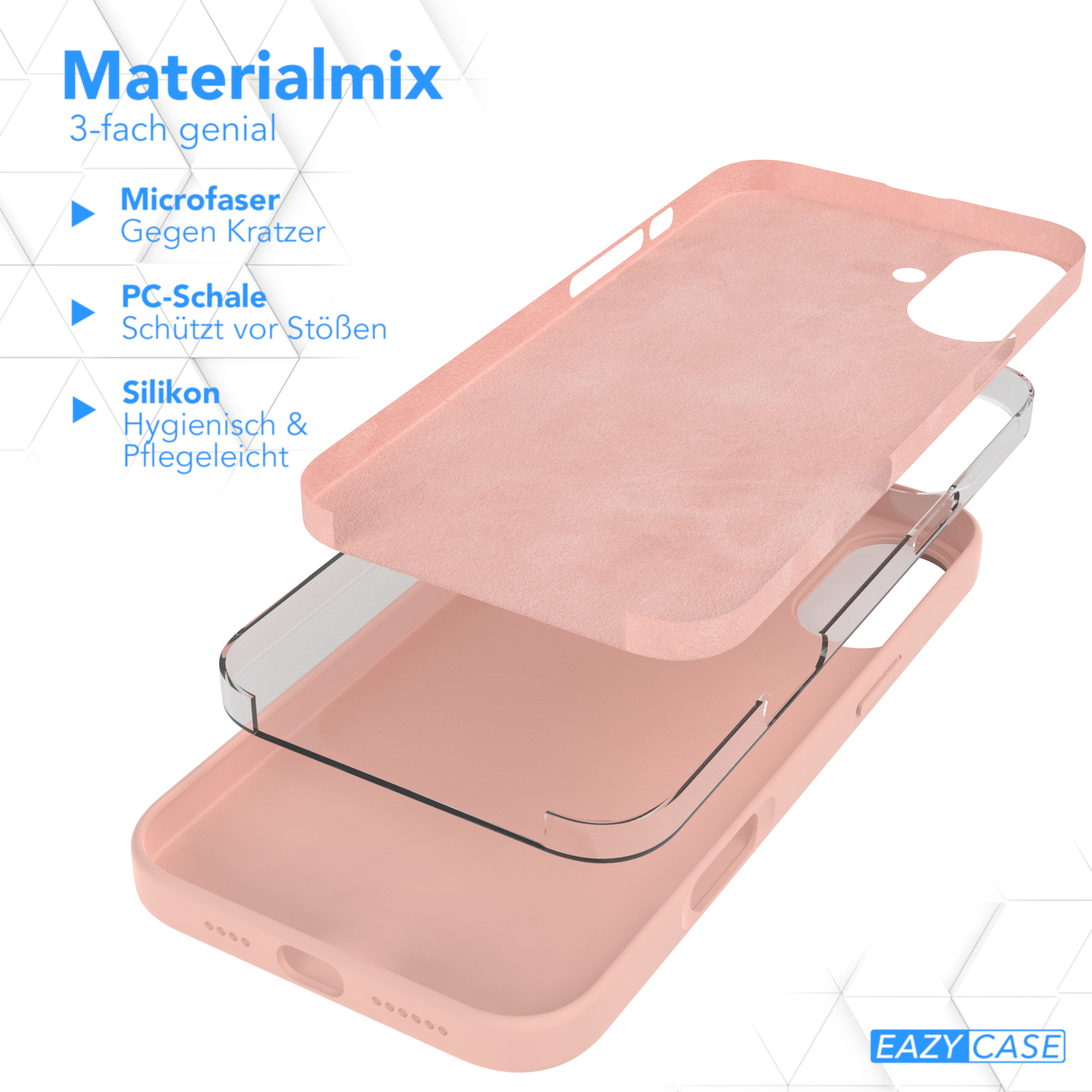 Drei Schichten einer rosa Handyhülle. Mikrofaser-, PC-Schalen- und Silikonschichten mit Text.