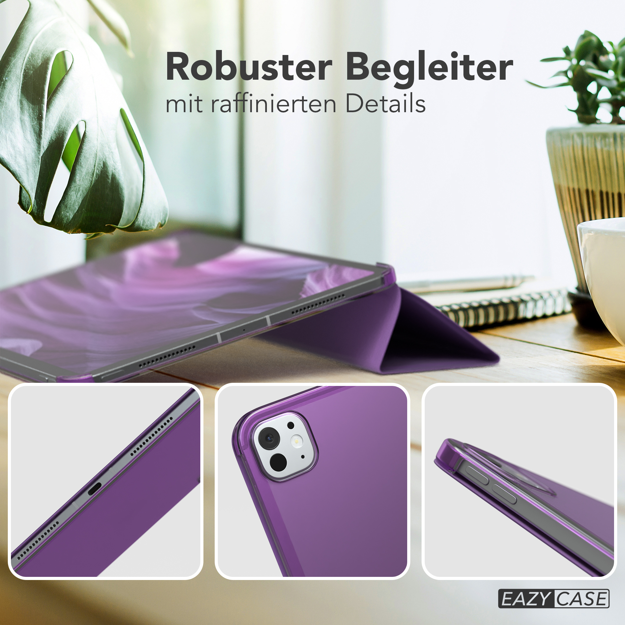 Ein lila Tablet in einer Hülle mit detaillierten Nahaufnahmen der Hülle und ihrer Eigenschaften.