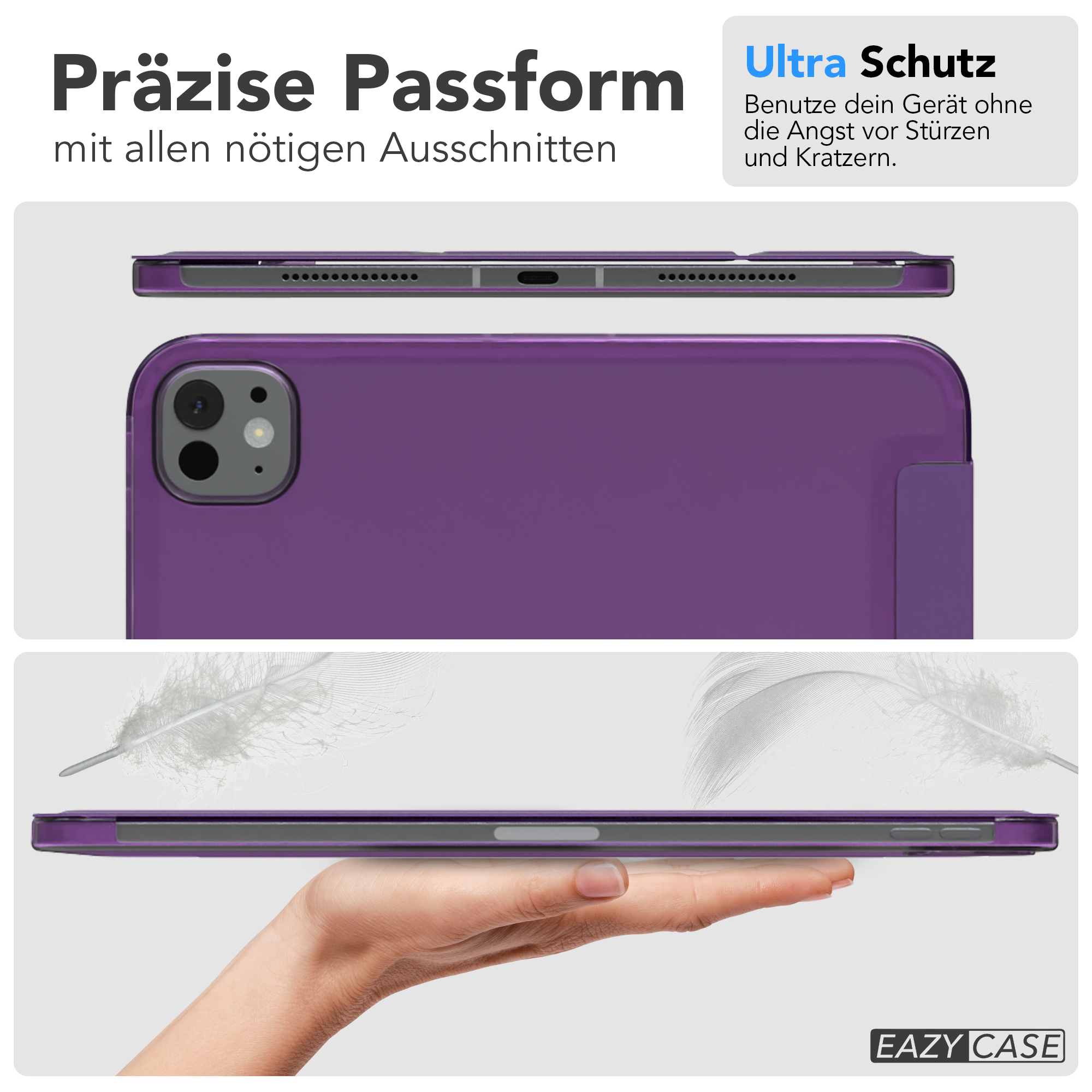 Lila Tablethülle in verschiedenen Ansichten. Handhalten und Top-/Seitenansichten werden gezeigt.