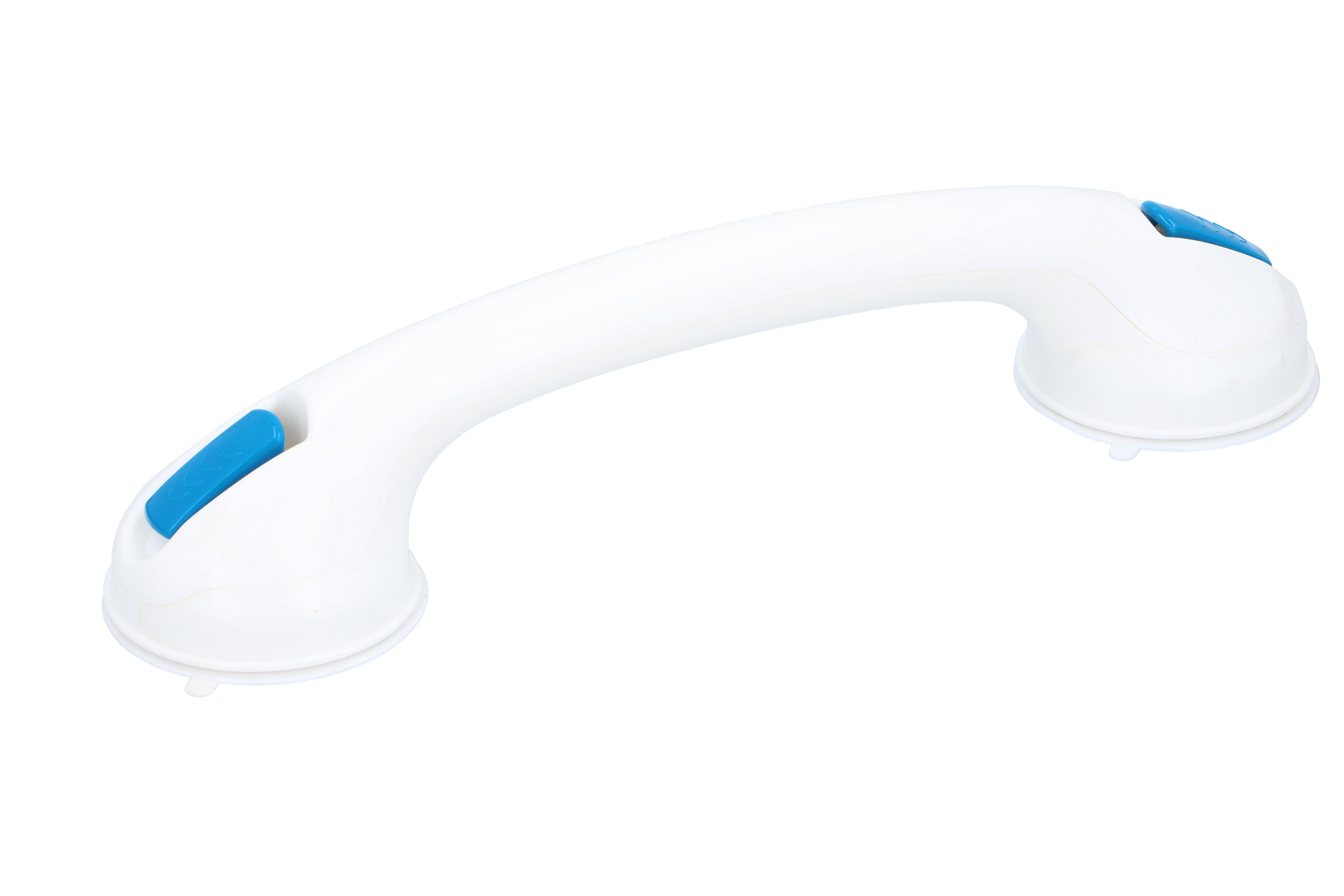 Une barre d'appui en plastique blanc avec des accents bleus sur un fond blanc.
