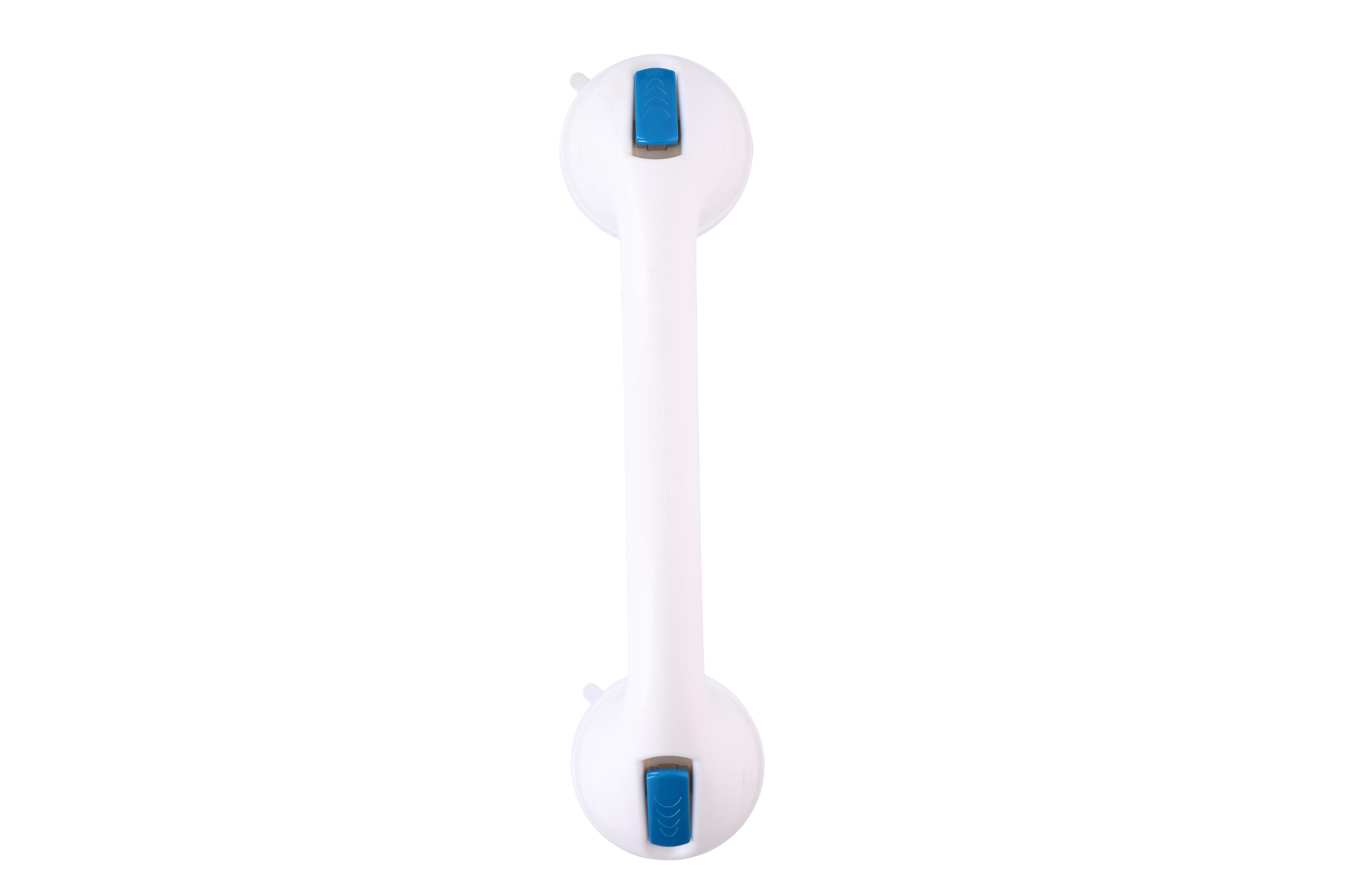 Une barre d'appui droite, blanche, en plastique avec des boutons bleus sur un fond blanc.