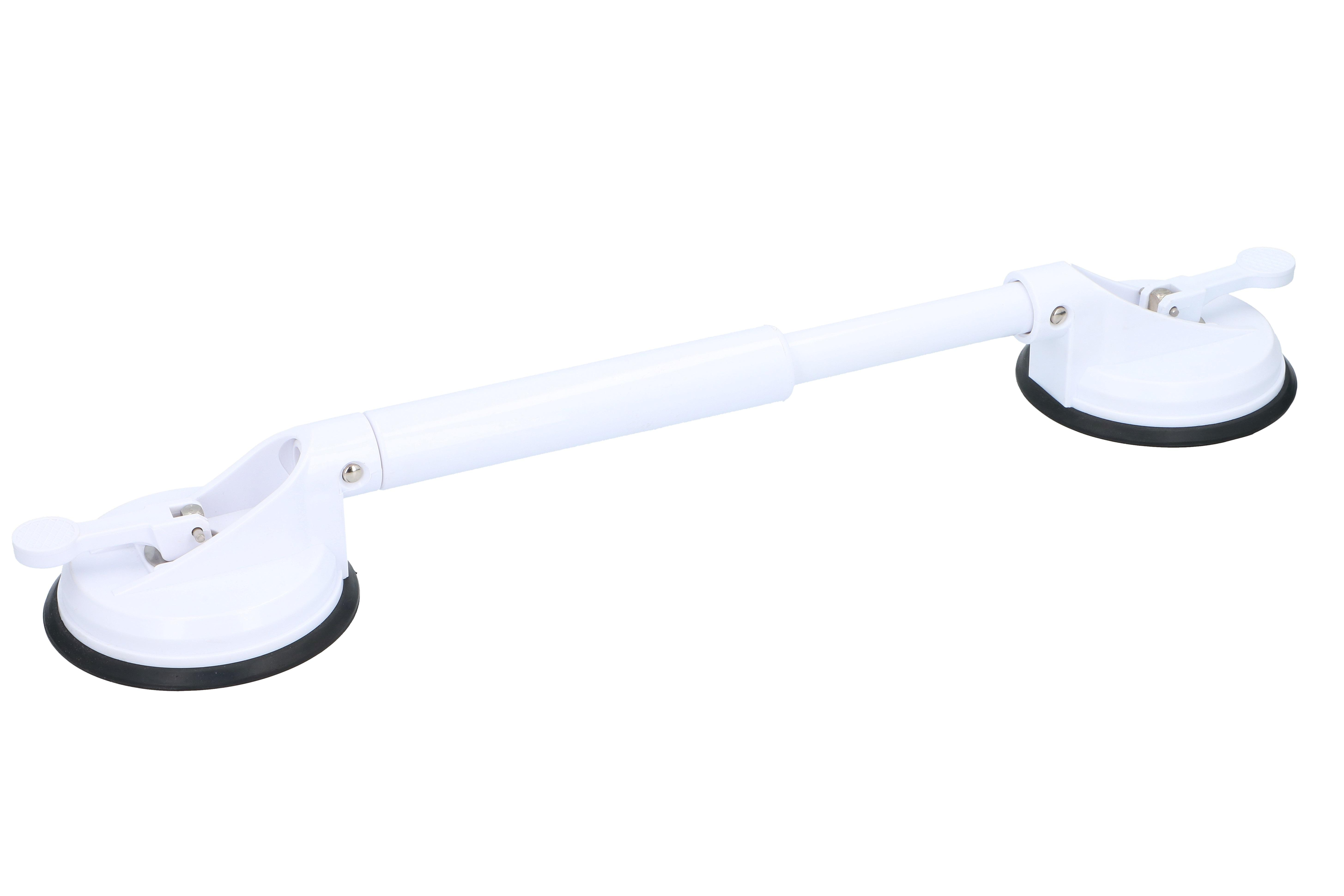 Witte zuignap-handgreep. Twee zuignappen met zwarte ringen en hendels. Witte achtergrond.